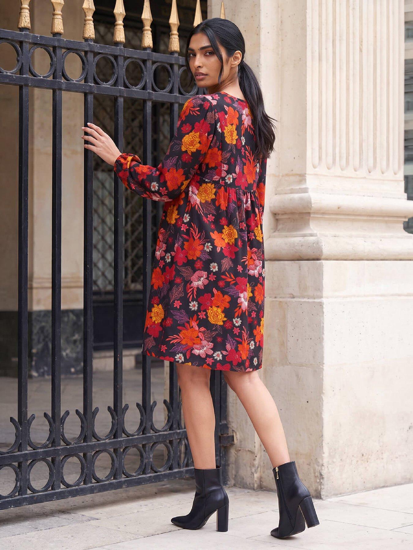 Image 3 of 4 of Roman Womens Embroidered Bib V-Neck Long Sleeve Dress - Orange