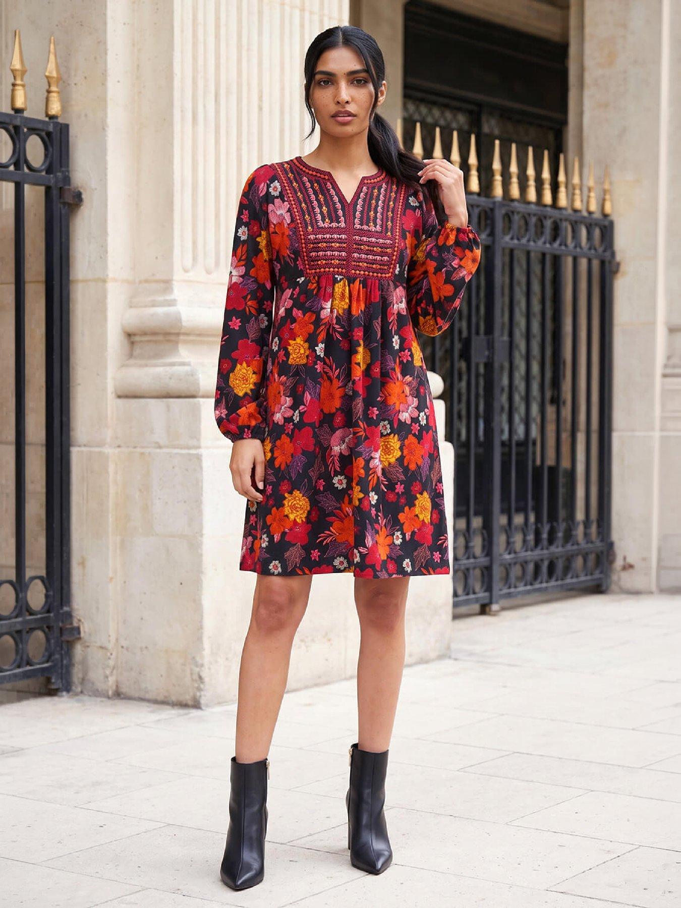 Image 4 of 4 of Roman Womens Embroidered Bib V-Neck Long Sleeve Dress - Orange