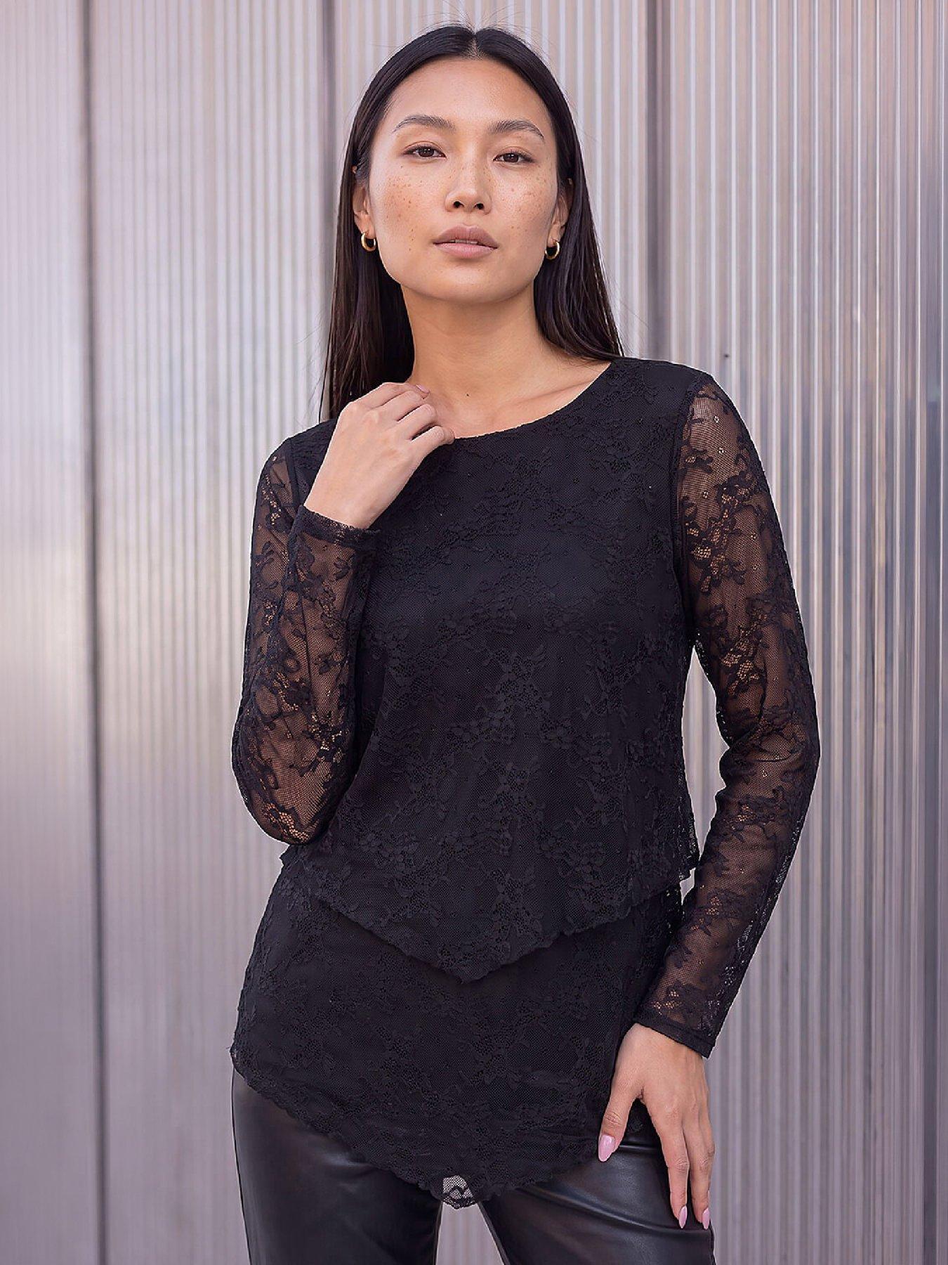 Image 1 of 4 of Roman Womens Lace Layered Hem Blouse - Black