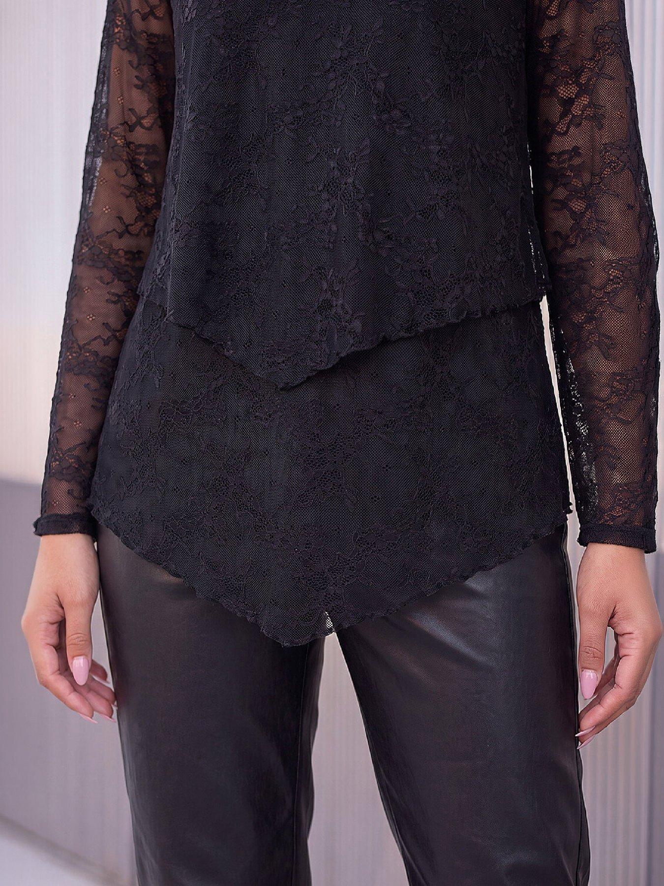 Image 2 of 4 of Roman Womens Lace Layered Hem Blouse - Black