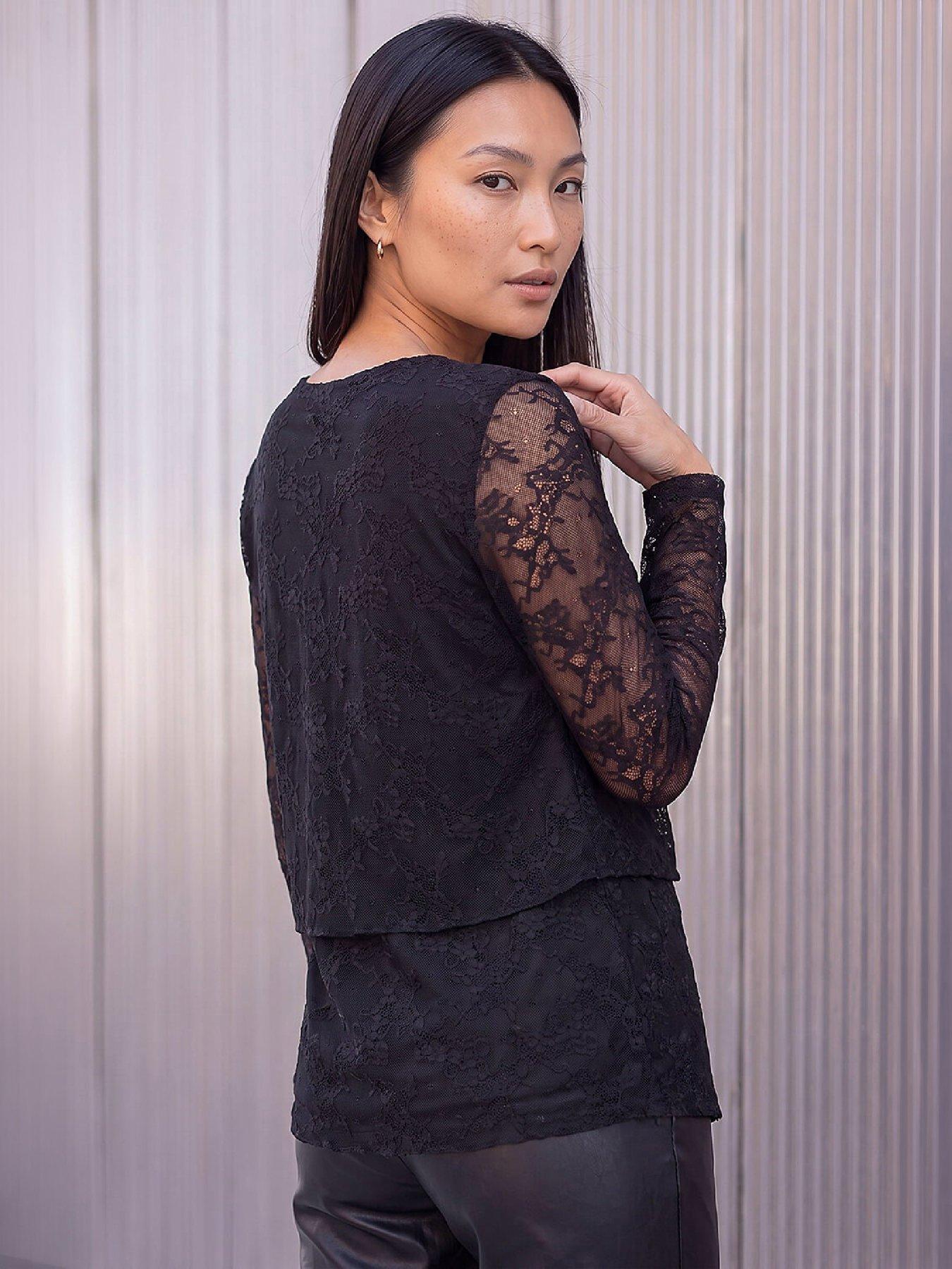 Image 3 of 4 of Roman Womens Lace Layered Hem Blouse - Black