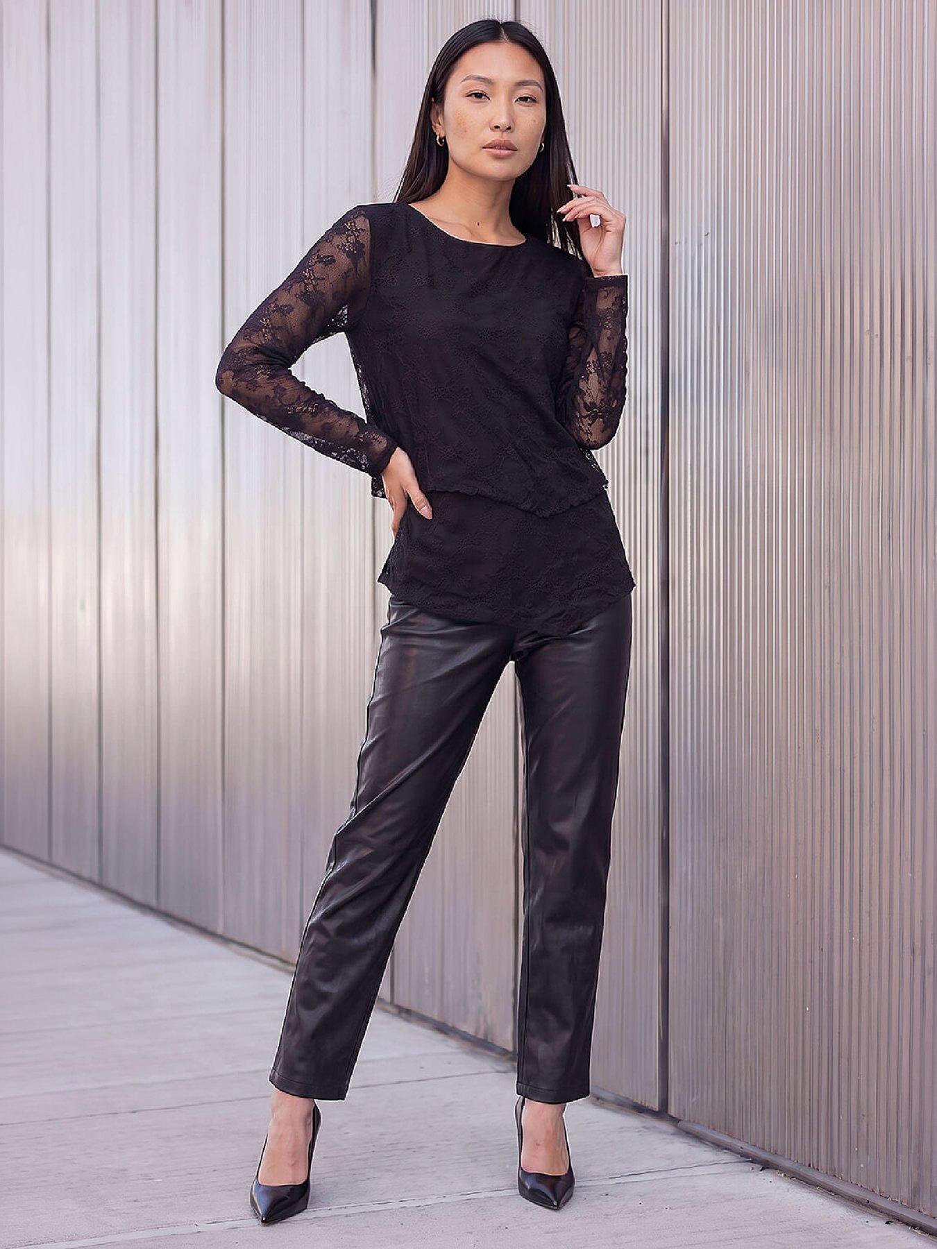 Image 4 of 4 of Roman Womens Lace Layered Hem Blouse - Black