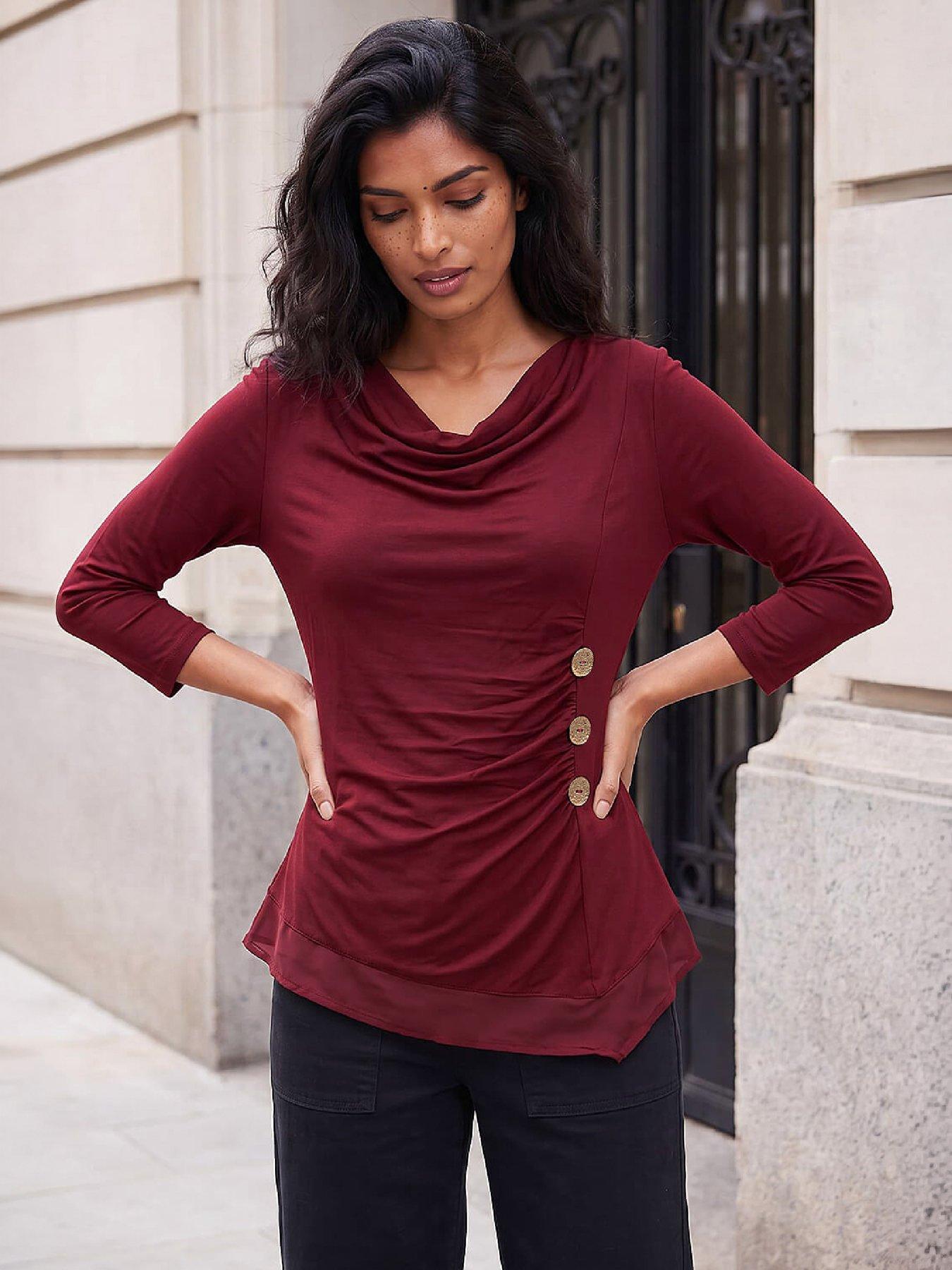 Image 1 of 4 of Roman Womens Cowl Neck Button Detail Blouse - Red