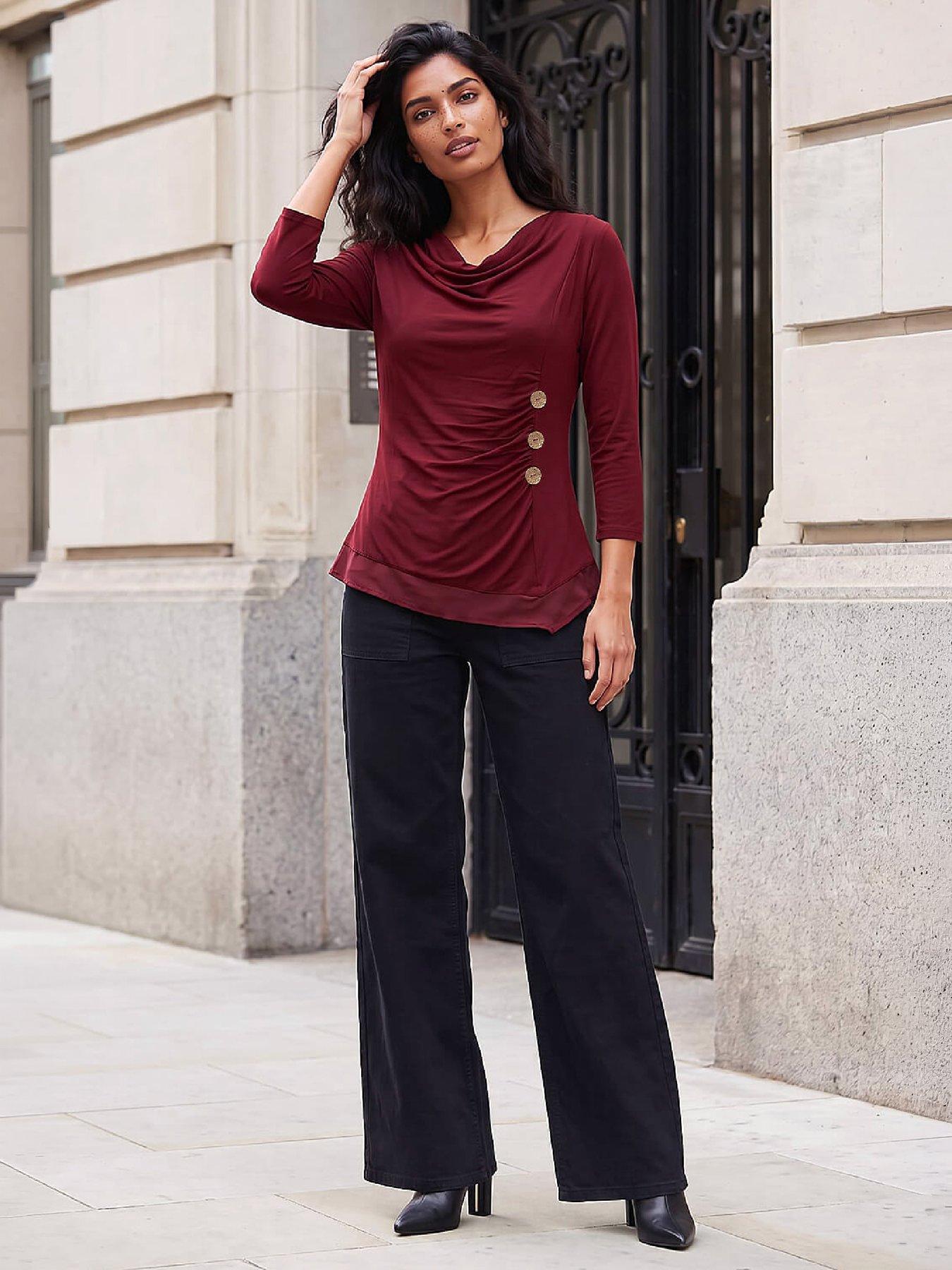 Image 4 of 4 of Roman Womens Cowl Neck Button Detail Blouse - Red
