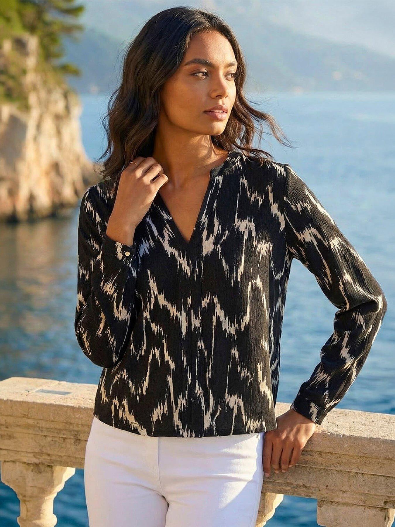 Image 1 of 4 of Roman Womens Notch Neck All-Over Print Long Sleeve Shirt - Black