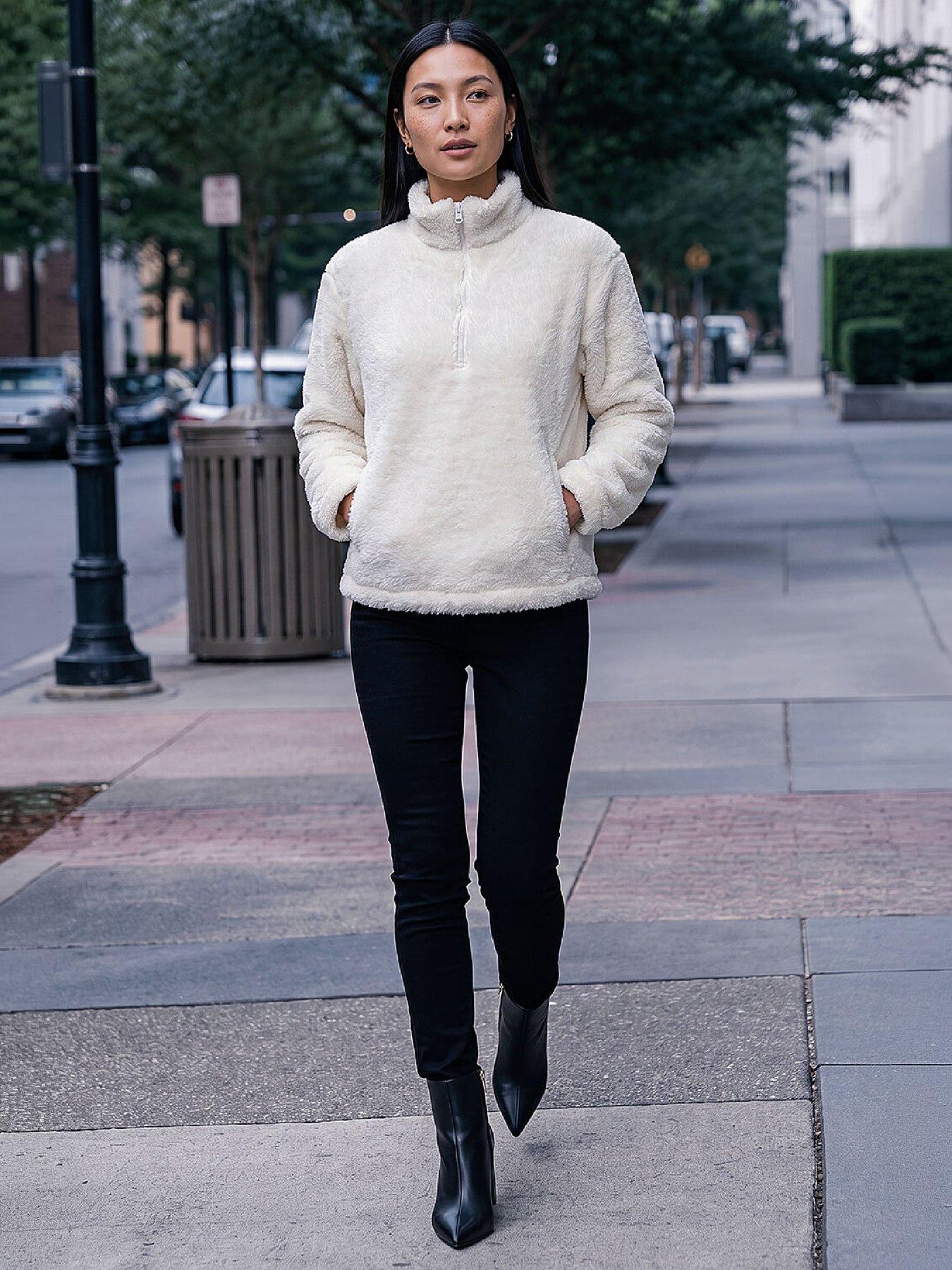 Image 4 of 4 of Roman Womens Zip Neck High Neck Sherpa Fleece - Cream