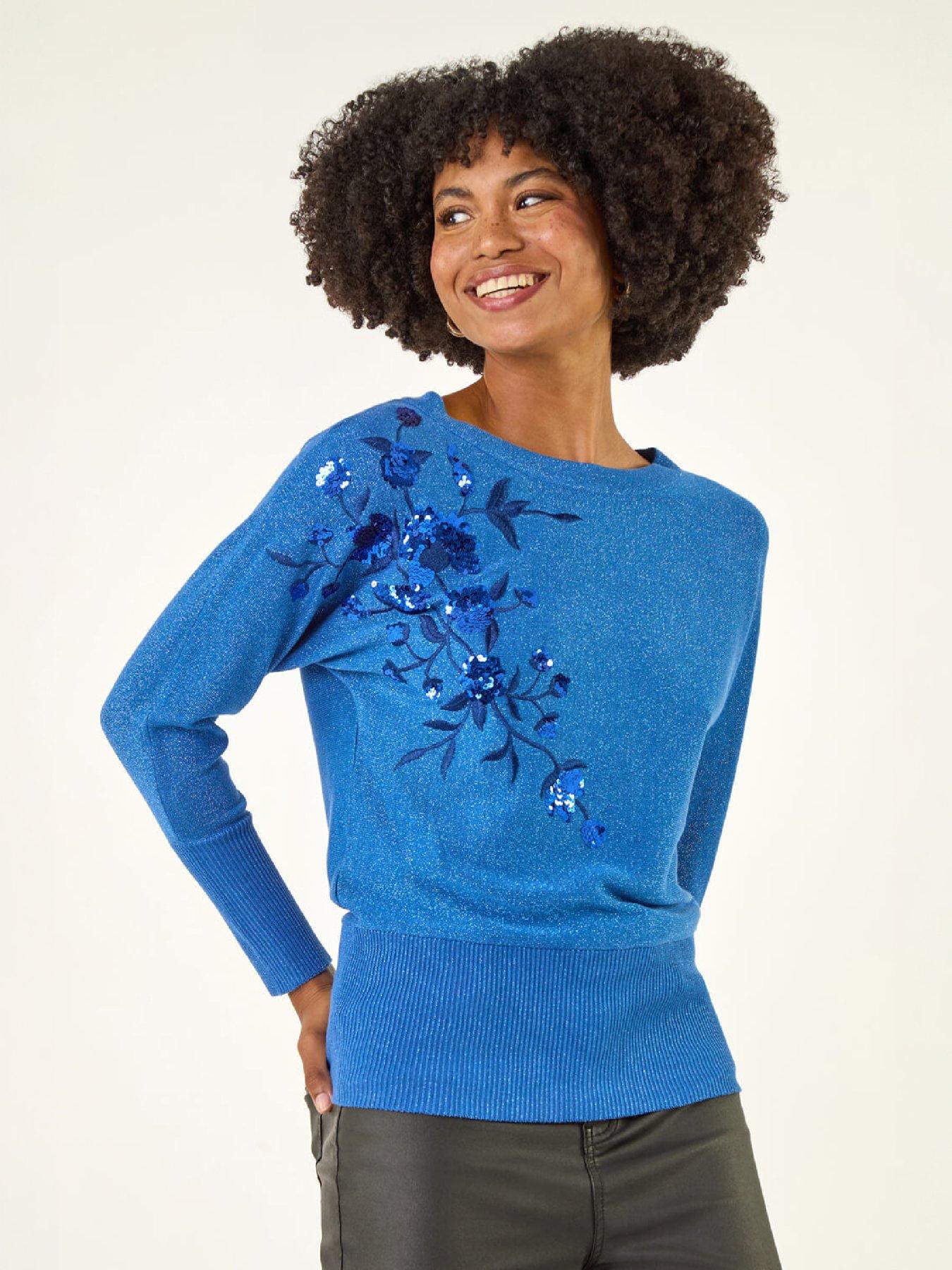 Image 1 of 4 of Roman Womens Sequin Floral Round Neck Jumper - Blue