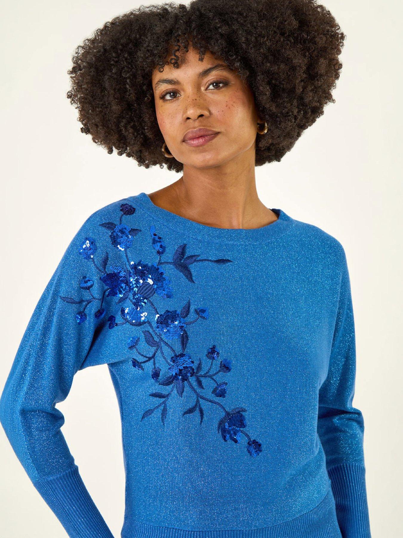 Image 2 of 4 of Roman Womens Sequin Floral Round Neck Jumper - Blue