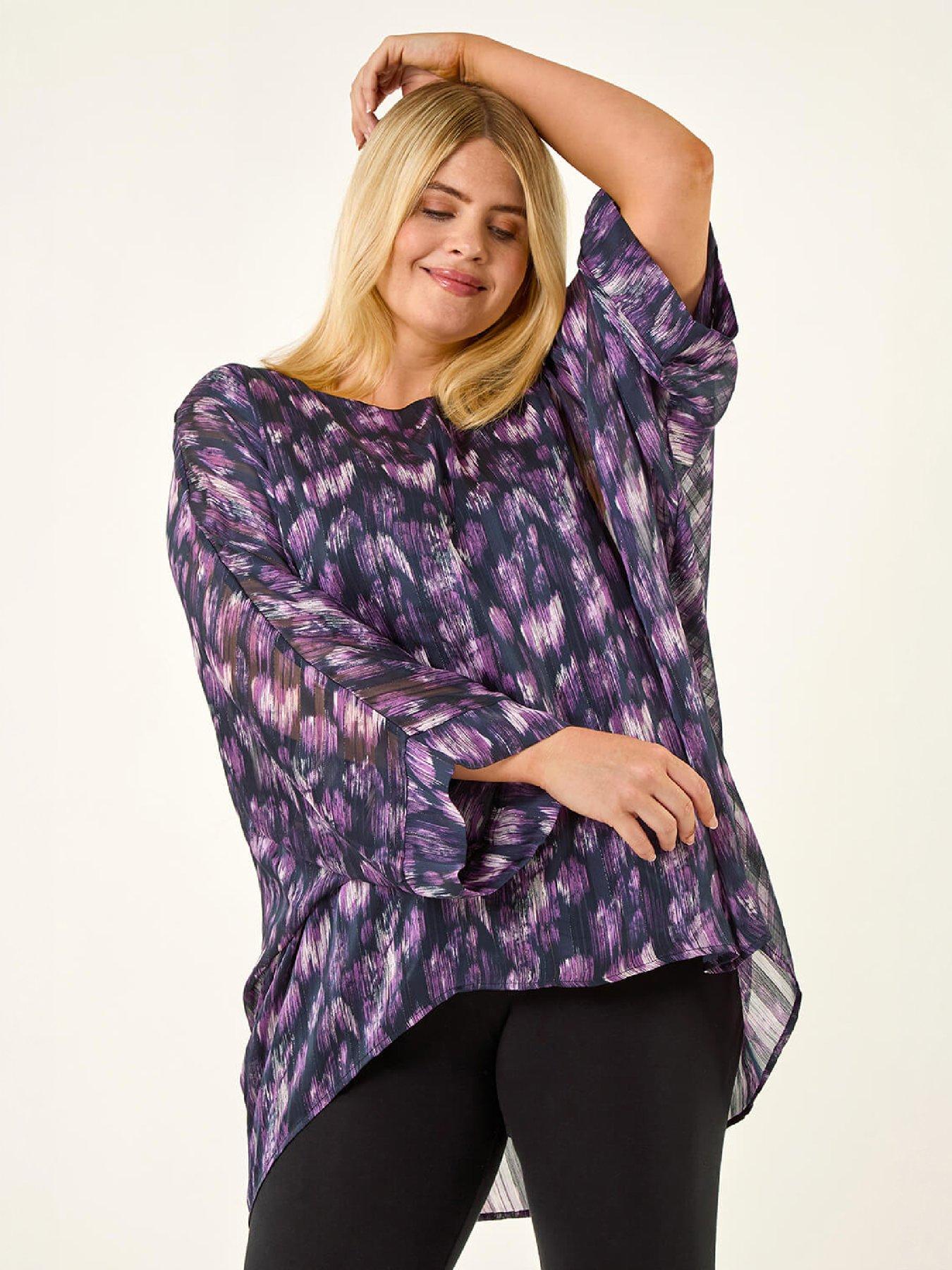 Image 1 of 4 of Roman Womens Curve Fit Swirl Print Metallic Top - Purple