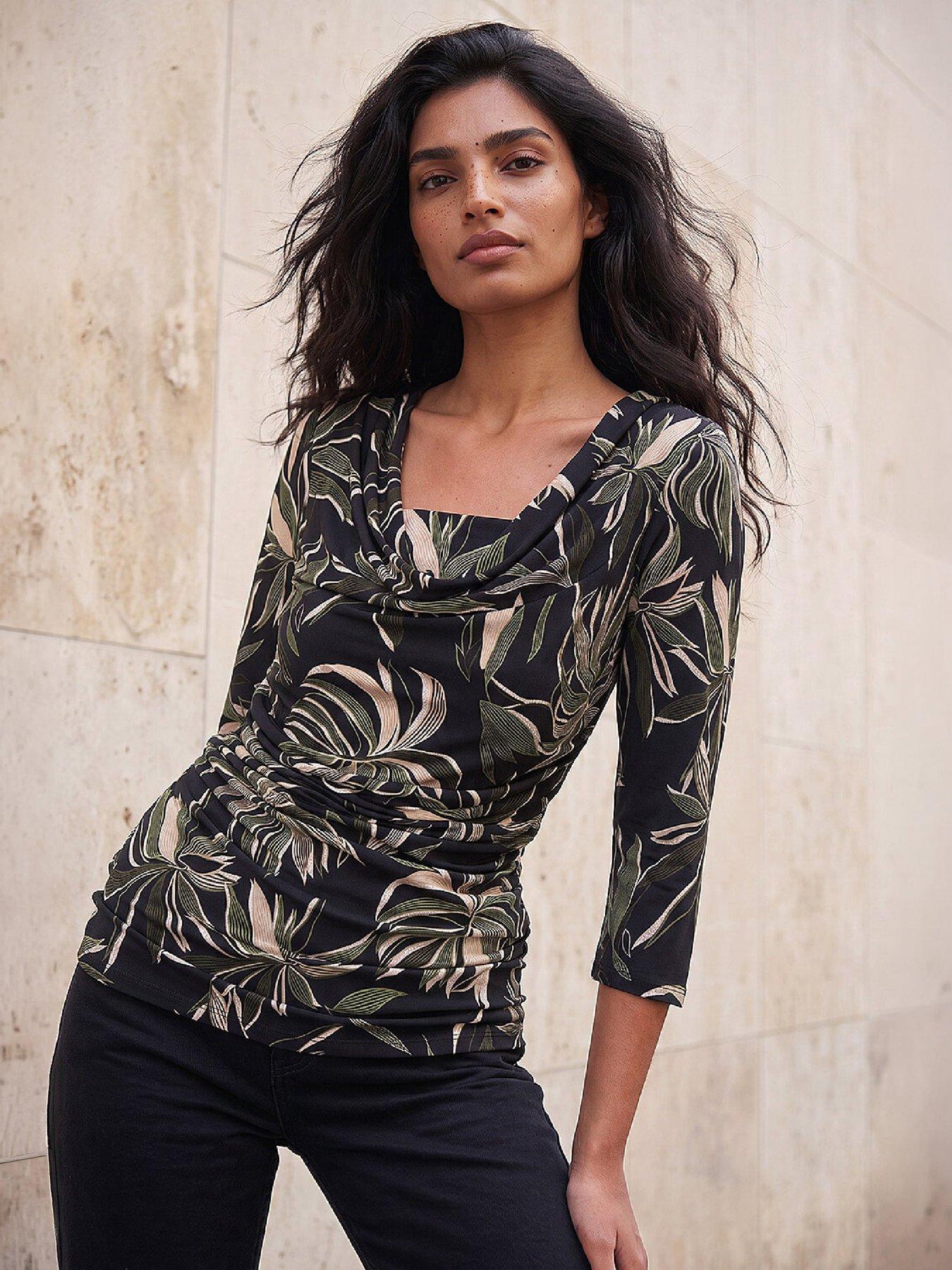 Image 1 of 4 of Roman Leaf Print Gathered Cowl Neck Top
