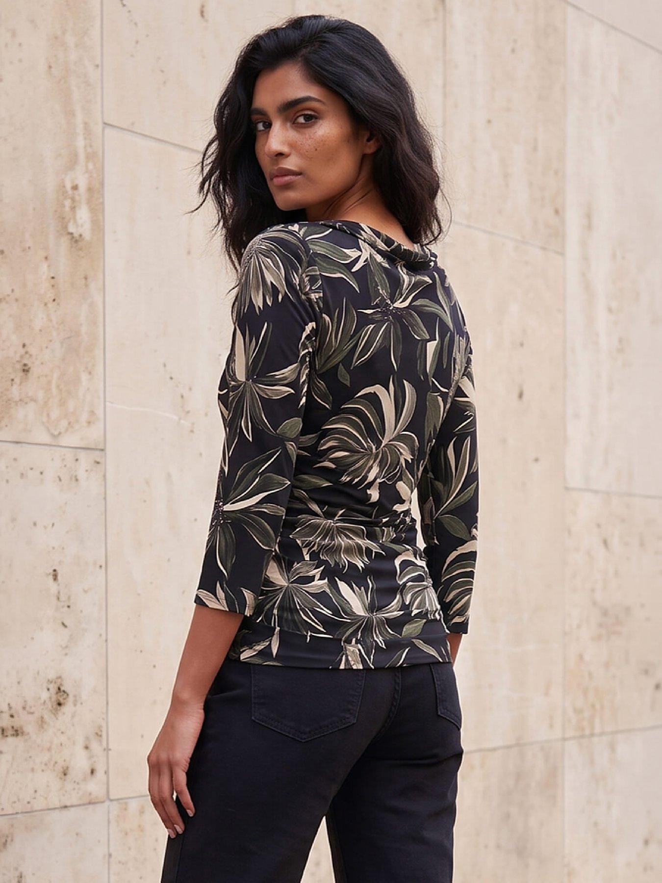 Image 3 of 4 of Roman Leaf Print Gathered Cowl Neck Top
