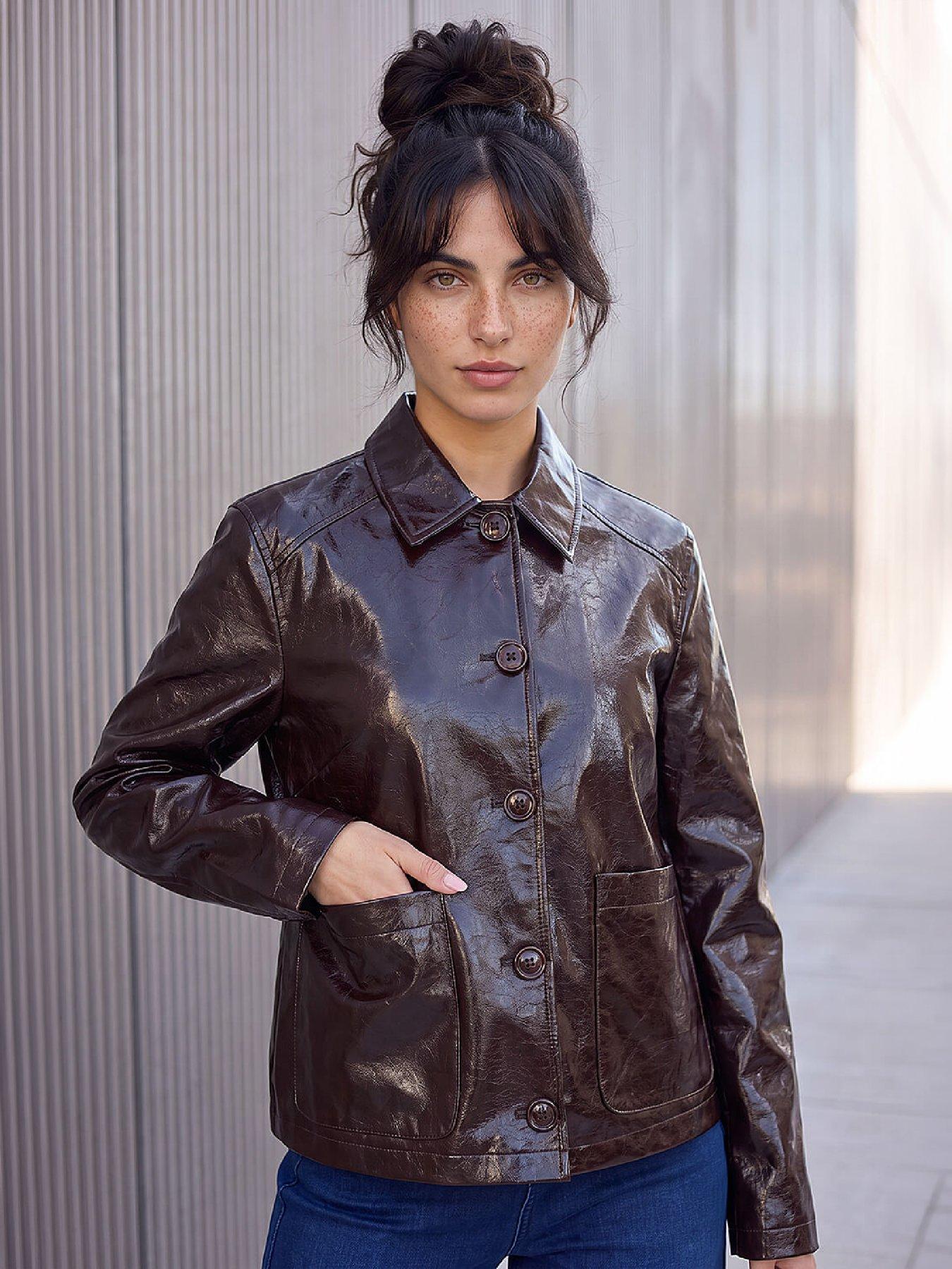 Image 3 of 4 of Roman Womens Faux Leather Jacket - Brown