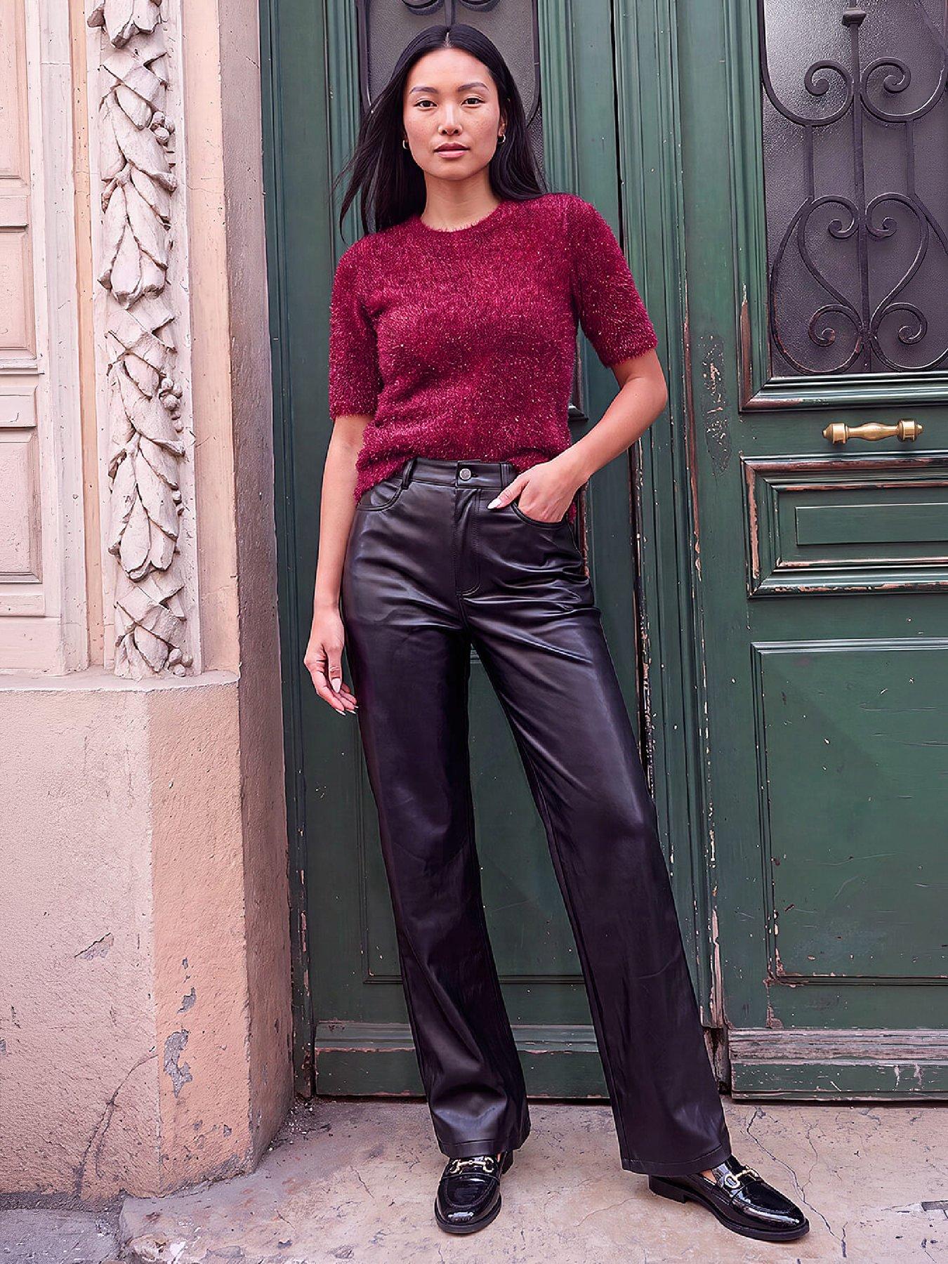 Image 1 of 4 of Roman Womens Faux Leather Straight Leg Jeans - Black
