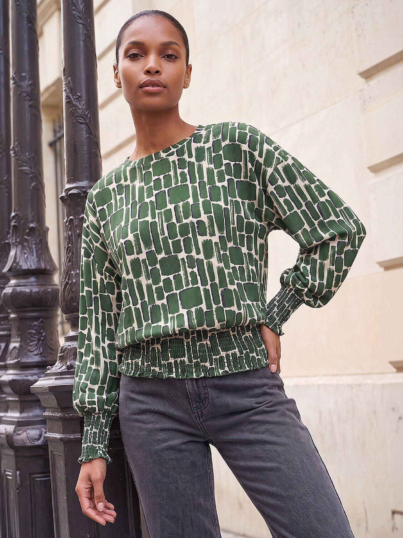 Image 1 of 4 of Roman Womens Geo Print Shirred Hem Stretch Blouse - Green