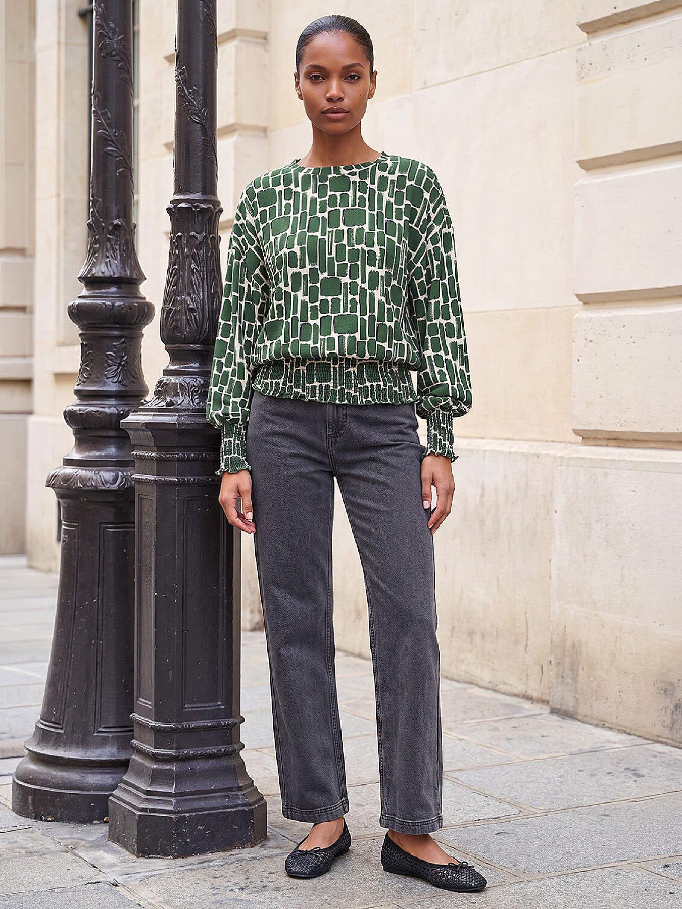 Image 4 of 4 of Roman Womens Geo Print Shirred Hem Stretch Blouse - Green