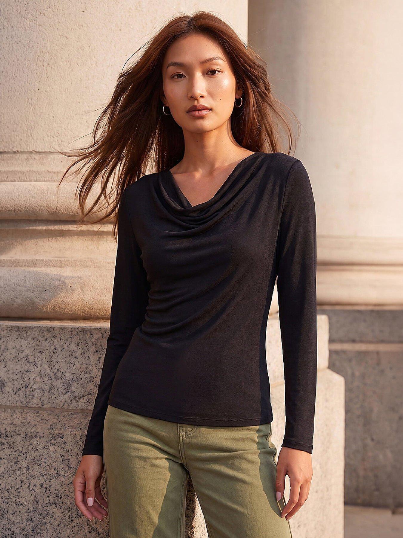Image 1 of 4 of Roman Womens Cowl Neck Stretch Long Sleeve Top - Black
