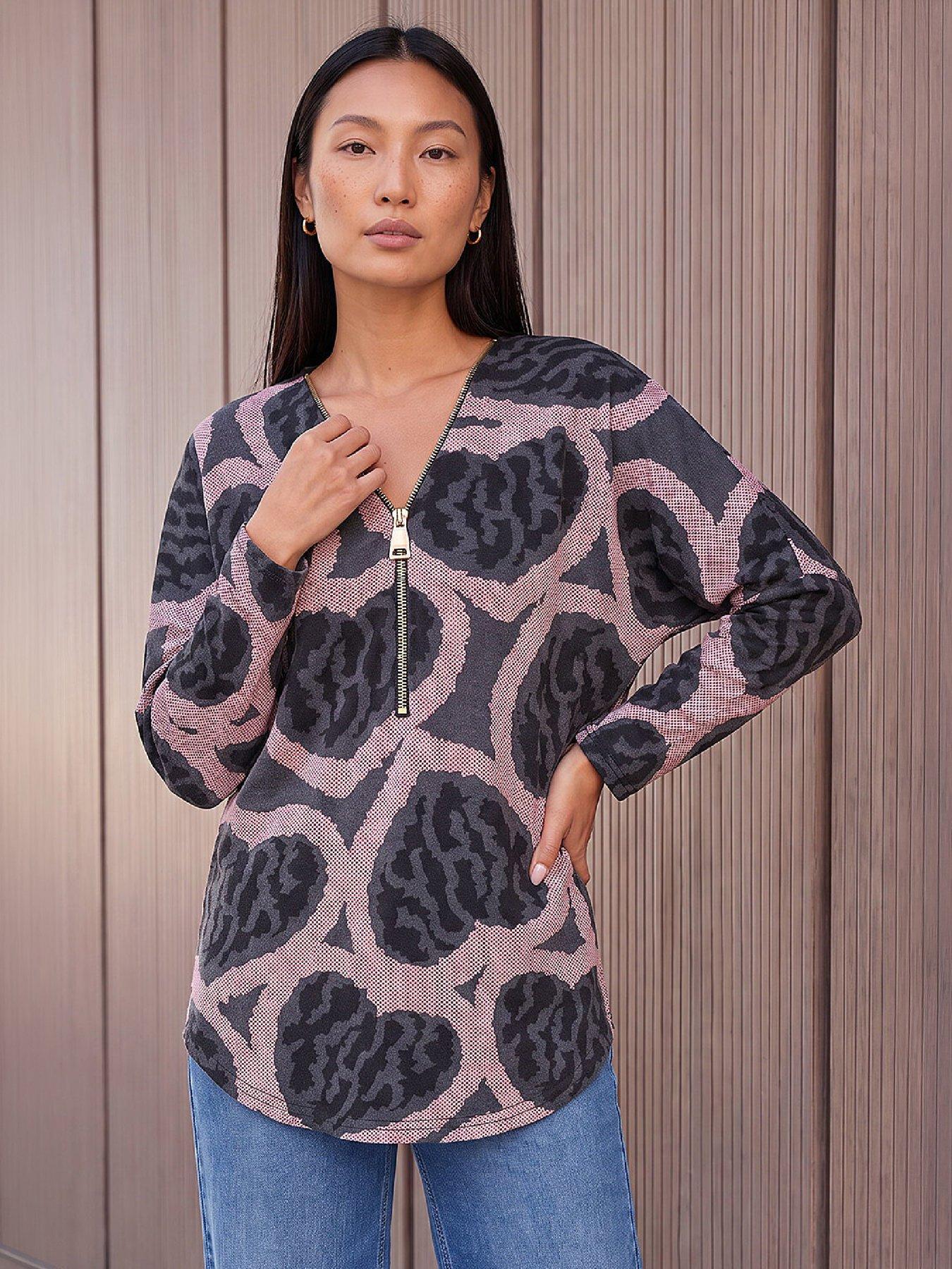 Image 1 of 2 of Roman Womens Half Zip Long Sleeve Heart Print Blouse - Pink