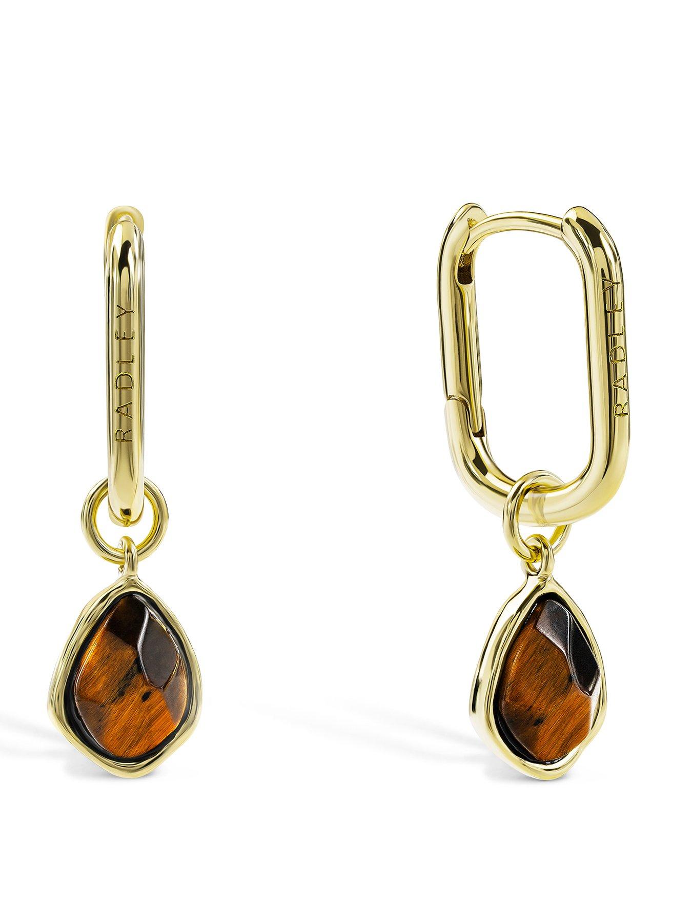 Image 1 of 4 of Radley 18ct Gold Plated Tigers Eye Drop Hoop Earrings