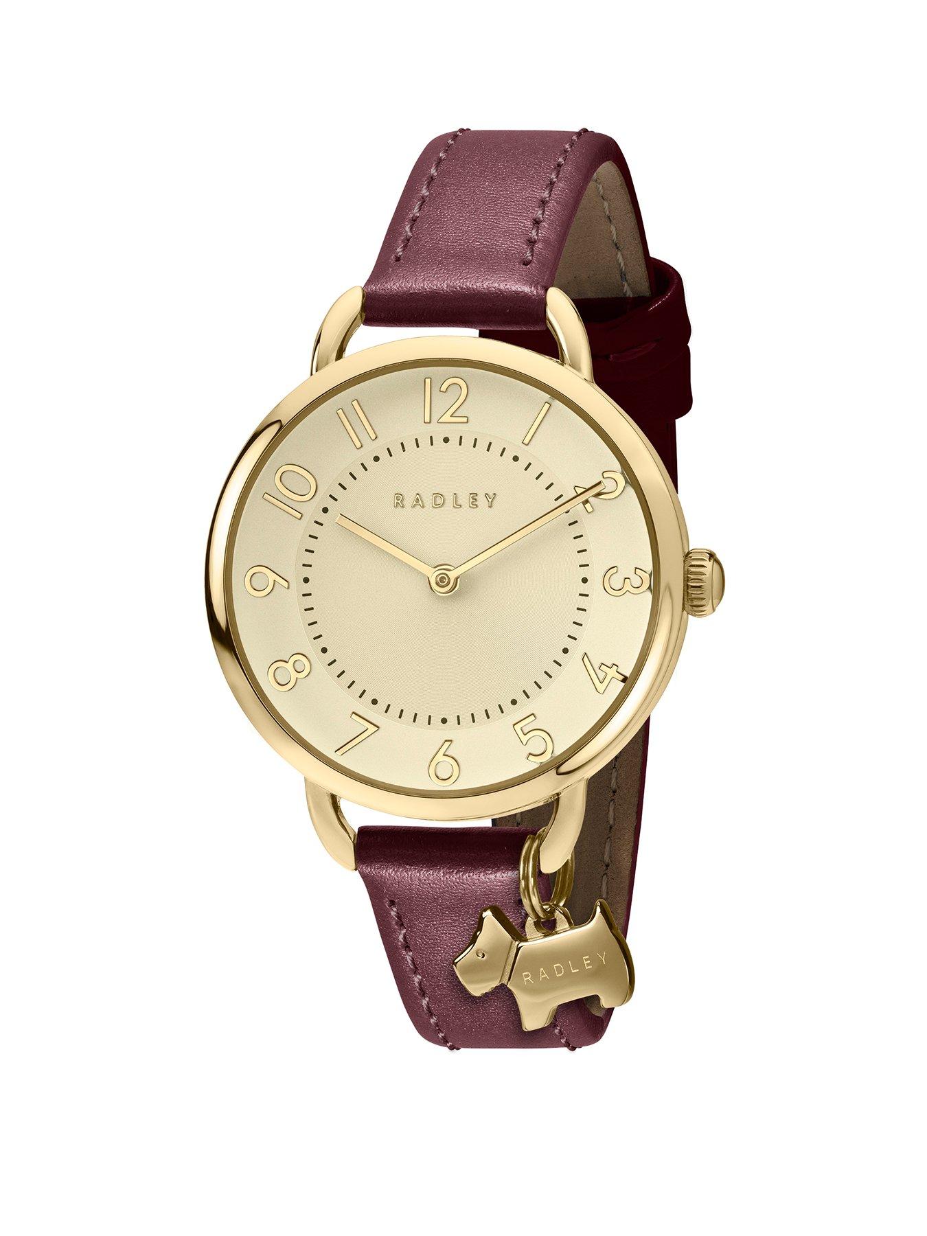 Radley Ladies Gold Plated Open Shoulder Dark Cherry Leather Strap Watch With Charm