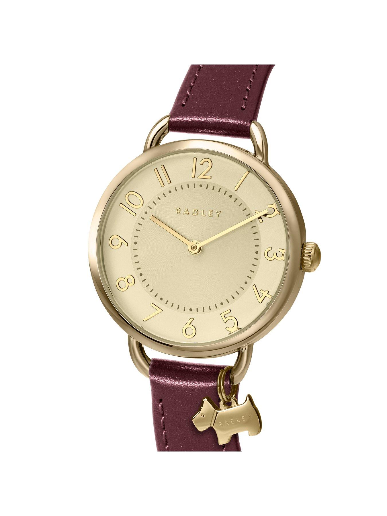 Image 2 of 4 of Radley Ladies Gold Plated Open Shoulder Dark Cherry Leather Strap Watch With Charm