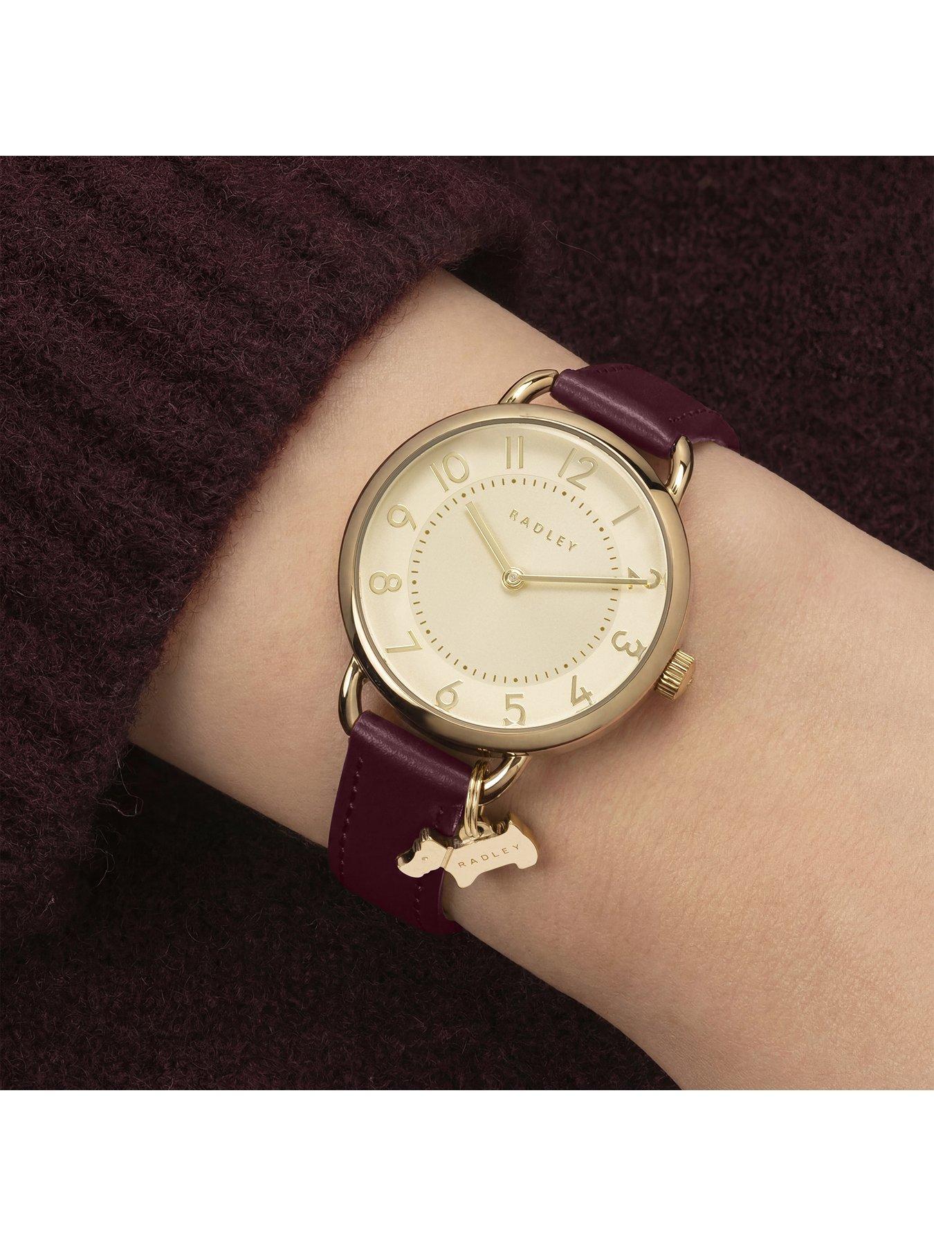 Image 3 of 4 of Radley Ladies Gold Plated Open Shoulder Dark Cherry Leather Strap Watch With Charm