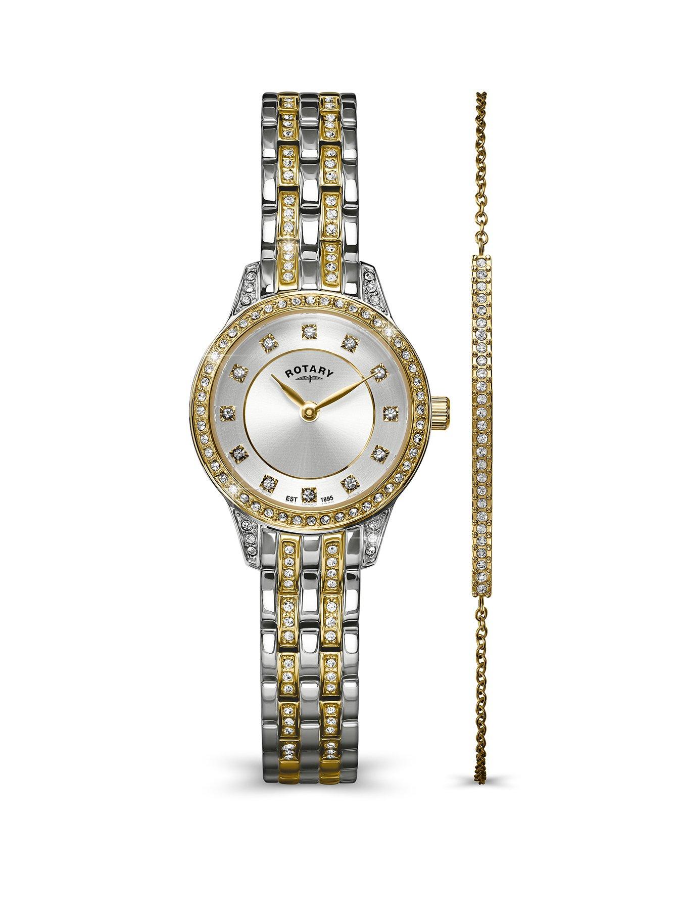 Rotary Ladies Two Tone Stainless Steel Watch & Stone Set Bracelet Set