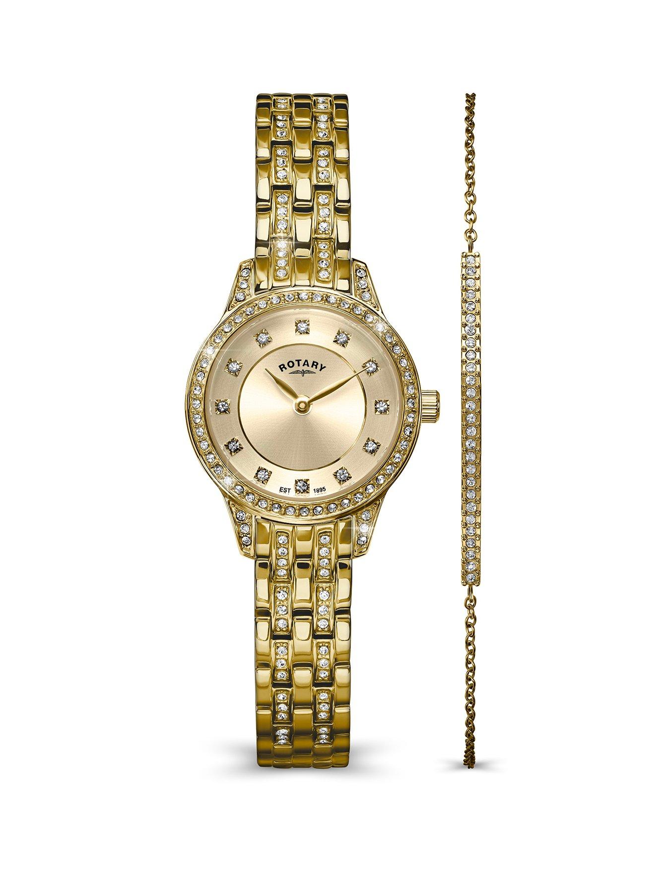 Rotary Ladies Gold Plated Stainless Steel Watch & Stone Set Bracelet Set