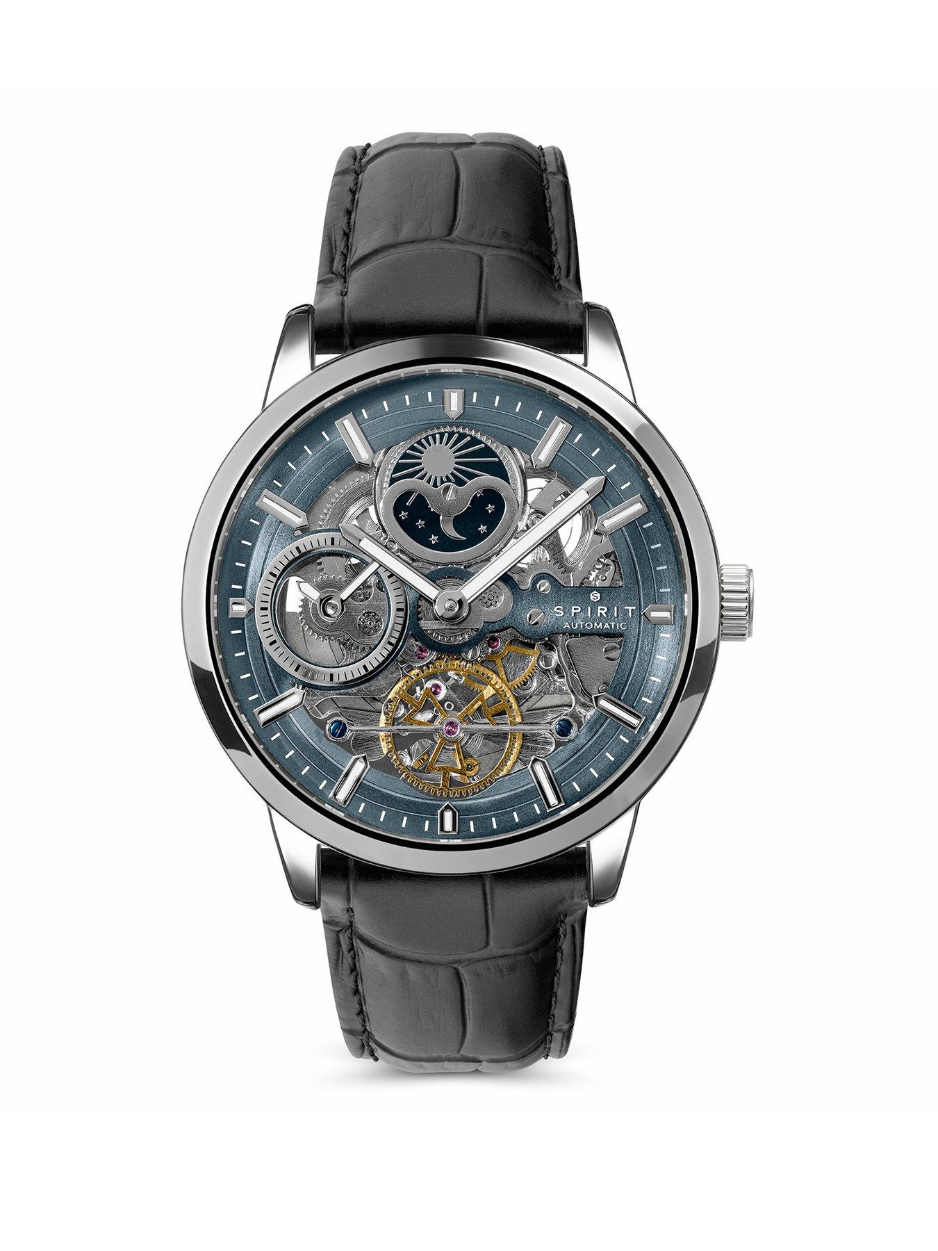 Spirit Gents Silver Sun Moon Automatic Black Leather Strap Watch