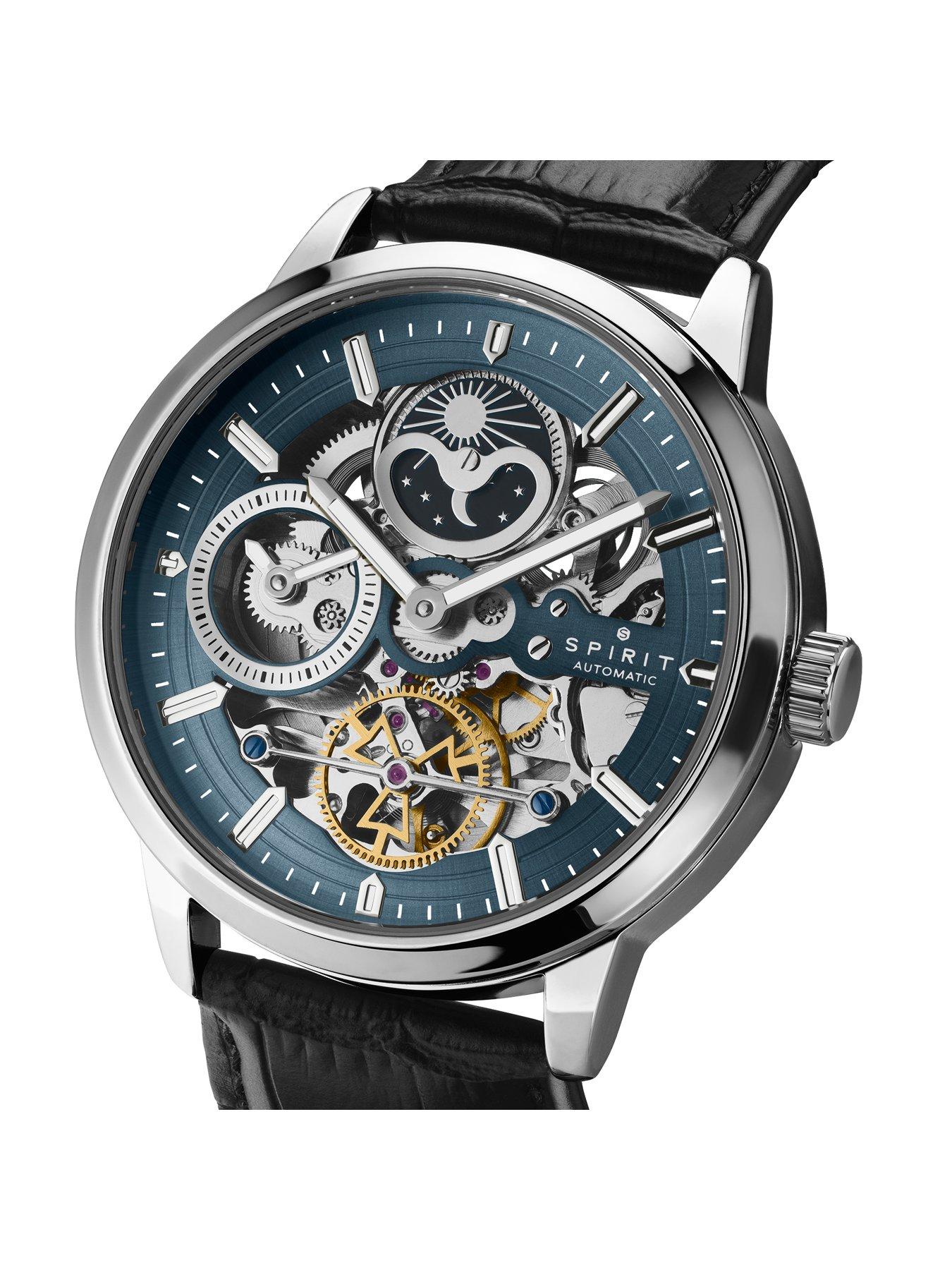 Image 2 of 7 of Spirit Gents Silver Sun Moon Automatic Black Leather Strap Watch