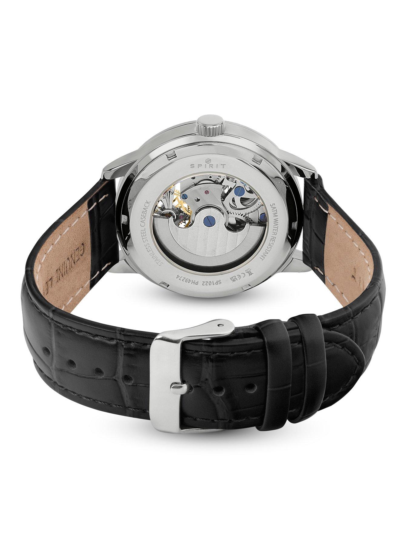 Image 3 of 7 of Spirit Gents Silver Sun Moon Automatic Black Leather Strap Watch