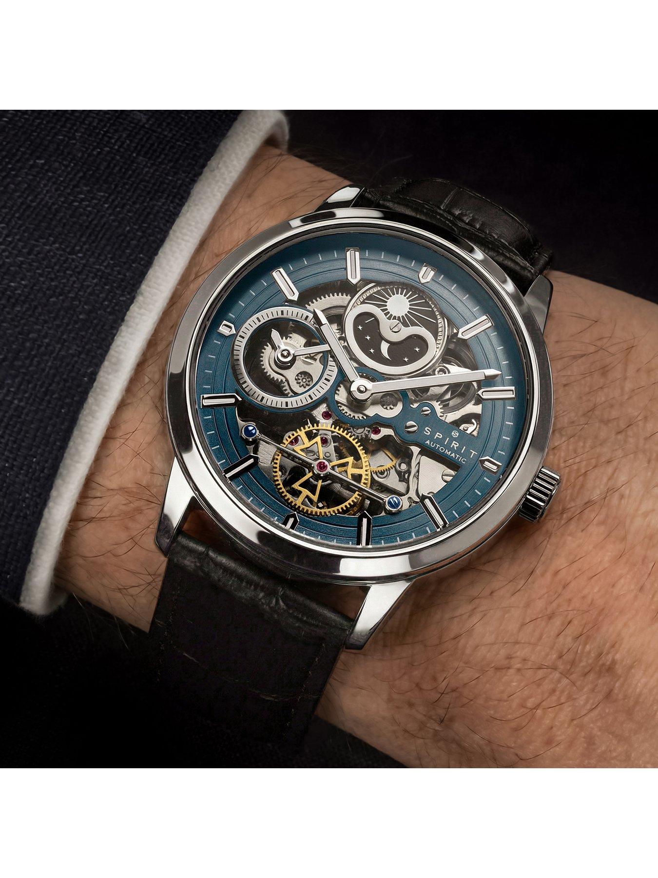 Image 4 of 7 of Spirit Gents Silver Sun Moon Automatic Black Leather Strap Watch