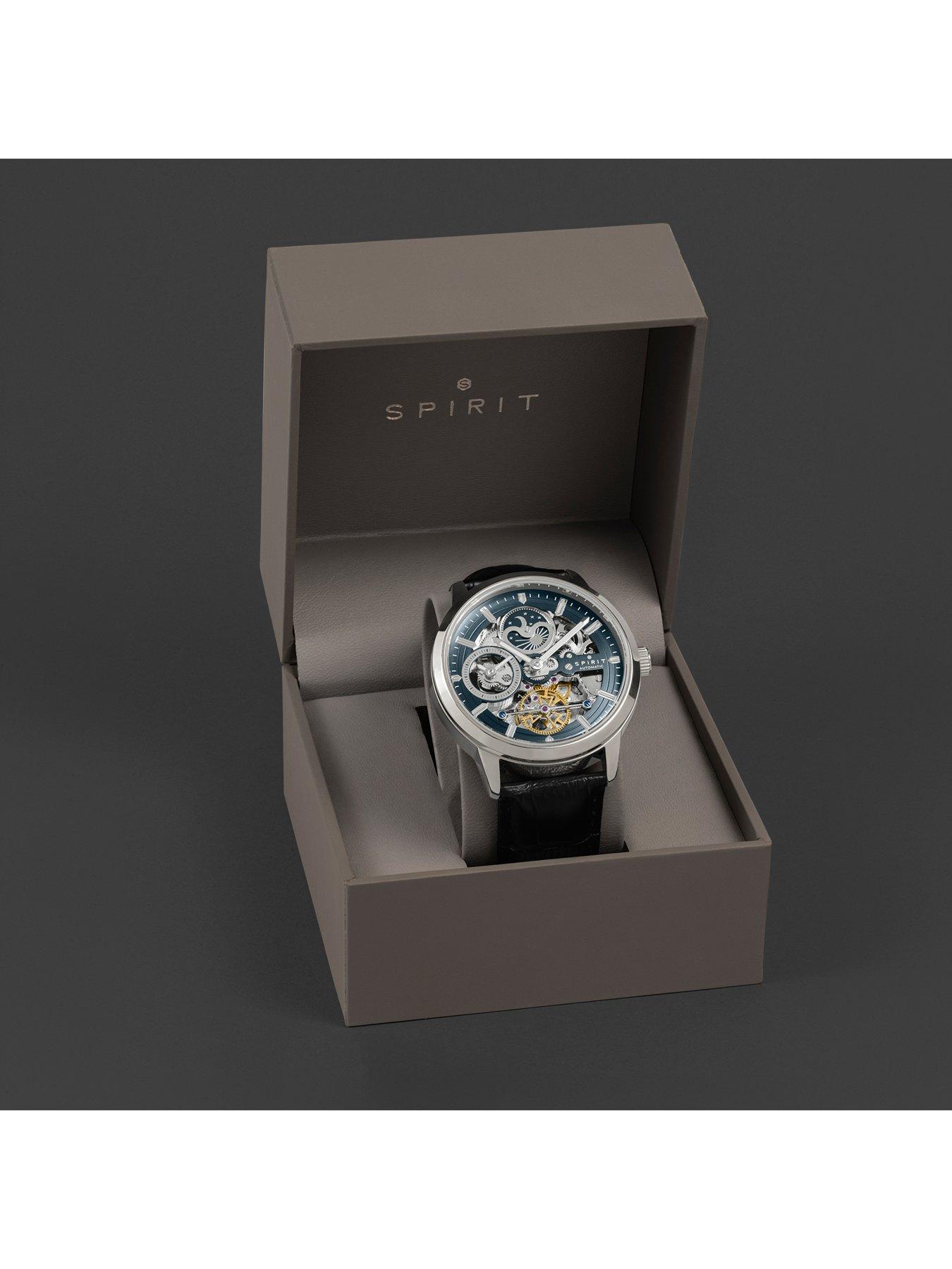 Image 5 of 7 of Spirit Gents Silver Sun Moon Automatic Black Leather Strap Watch