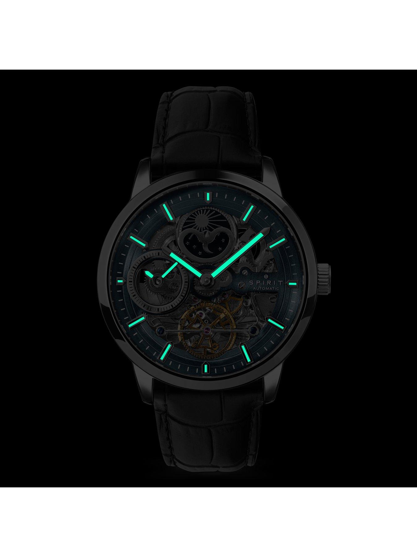 Image 6 of 7 of Spirit Gents Silver Sun Moon Automatic Black Leather Strap Watch