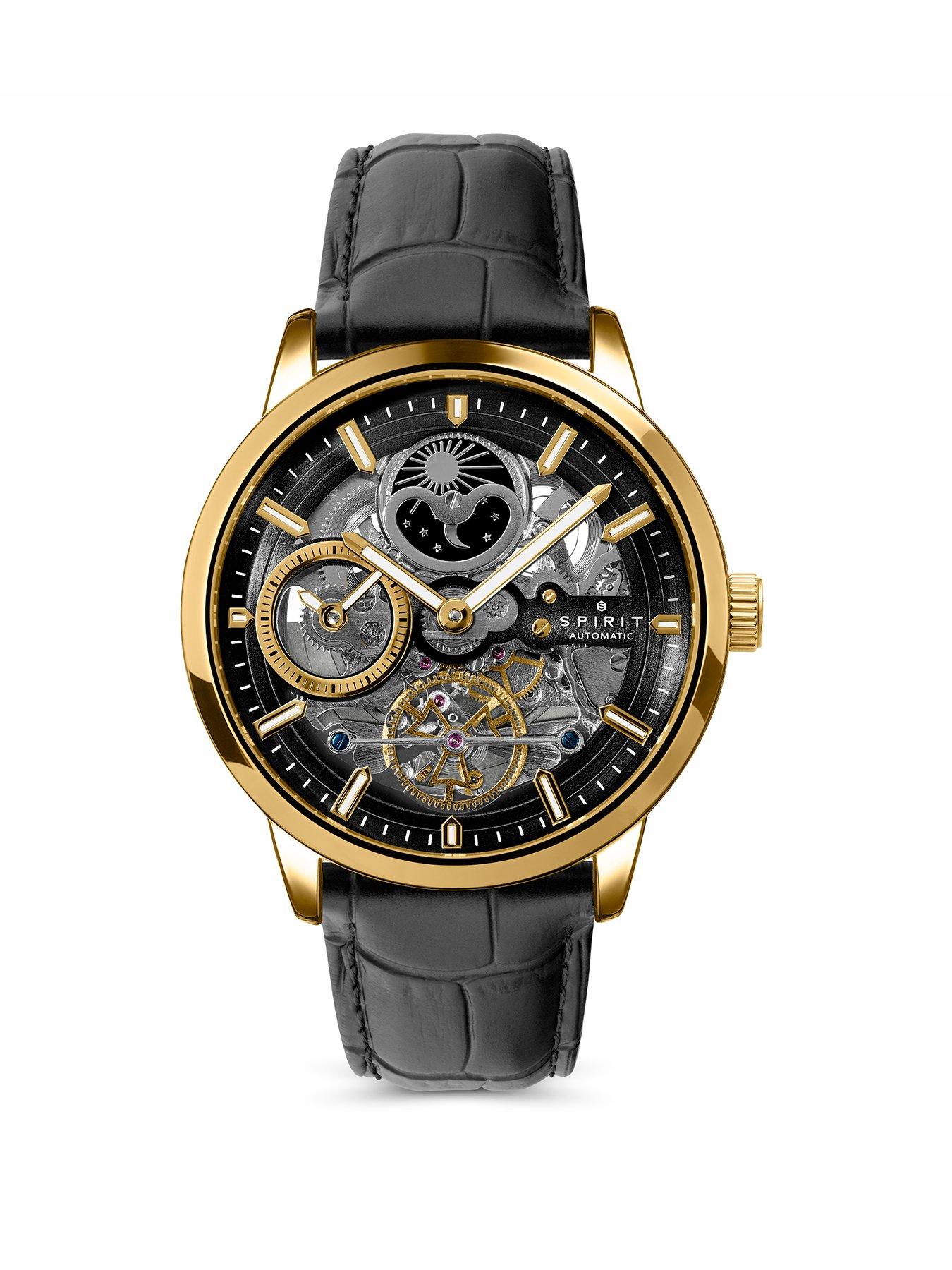 Image 1 of 7 of Spirit Gents Gold plated Sun Moon Automatic Black Leather Strap Watch