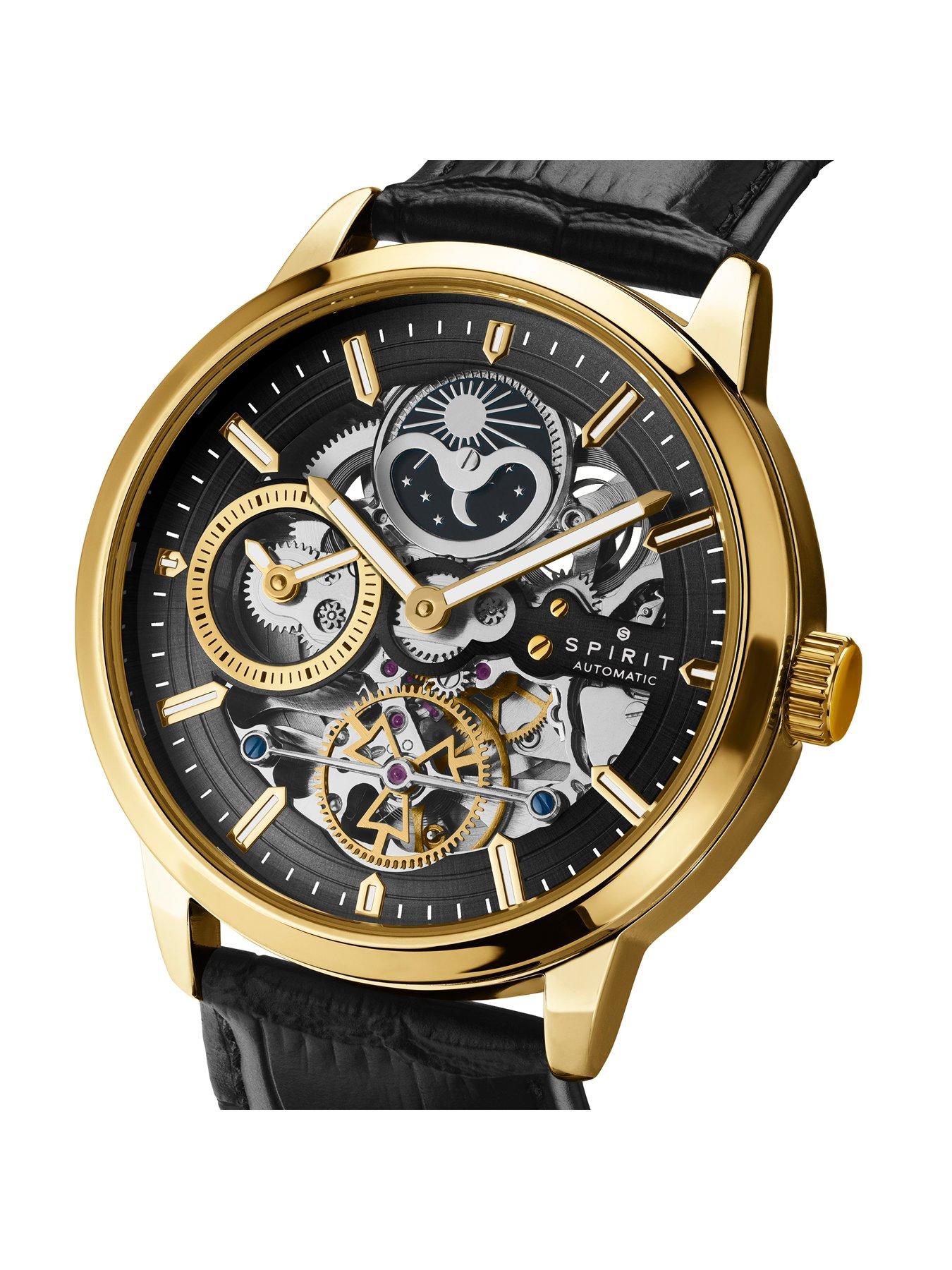 Image 2 of 7 of Spirit Gents Gold plated Sun Moon Automatic Black Leather Strap Watch