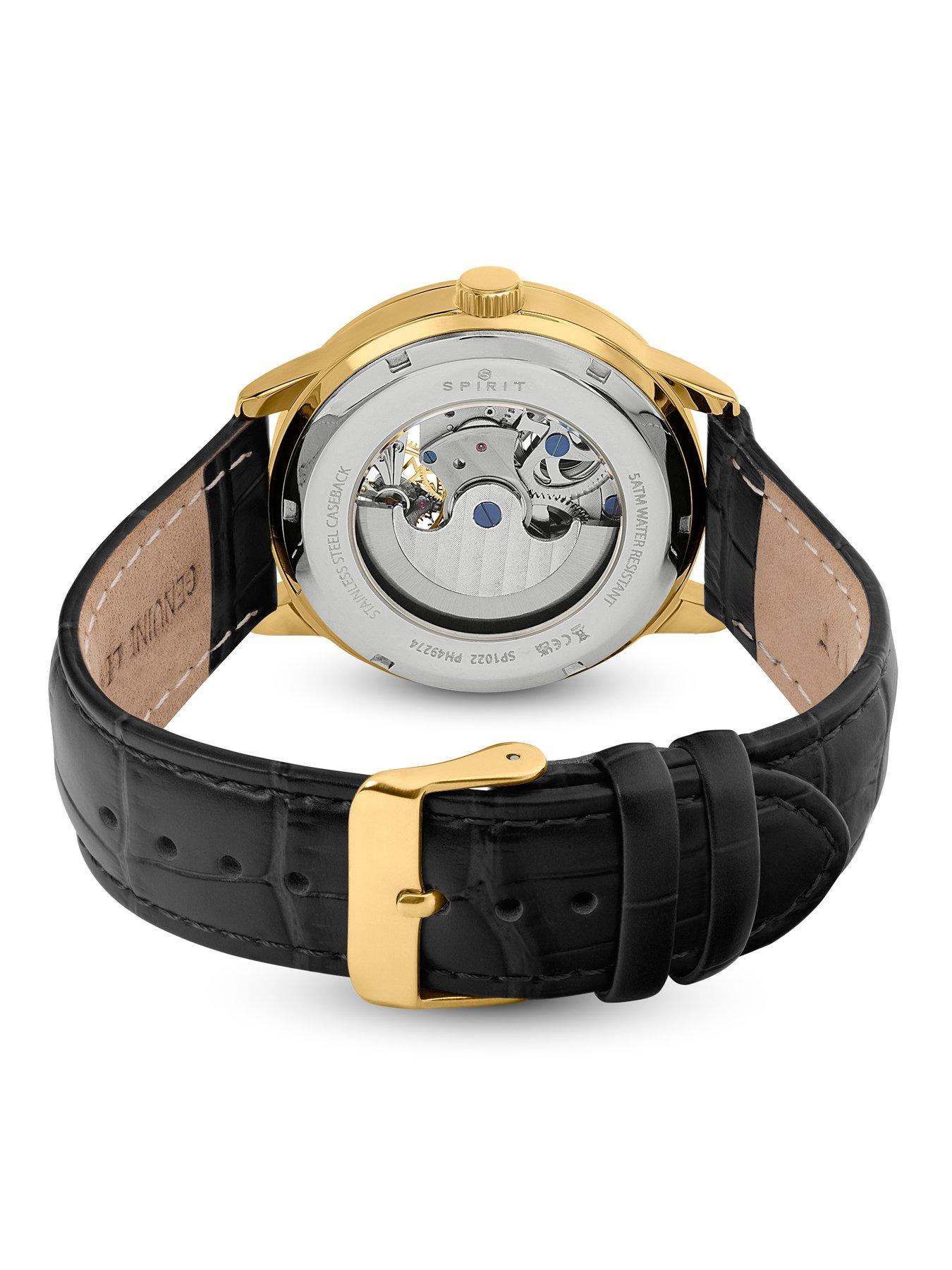 Image 3 of 7 of Spirit Gents Gold plated Sun Moon Automatic Black Leather Strap Watch