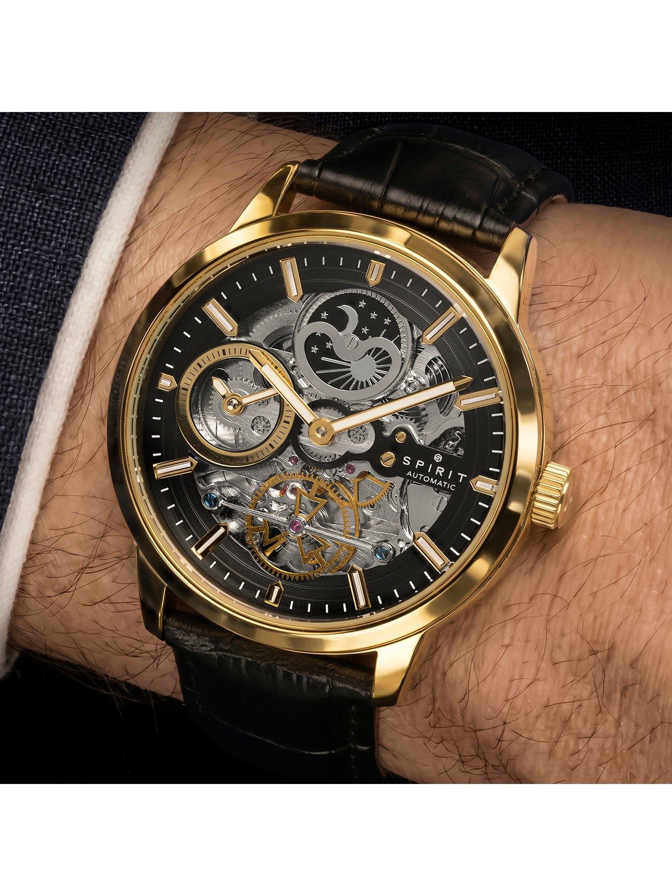 Image 4 of 7 of Spirit Gents Gold plated Sun Moon Automatic Black Leather Strap Watch