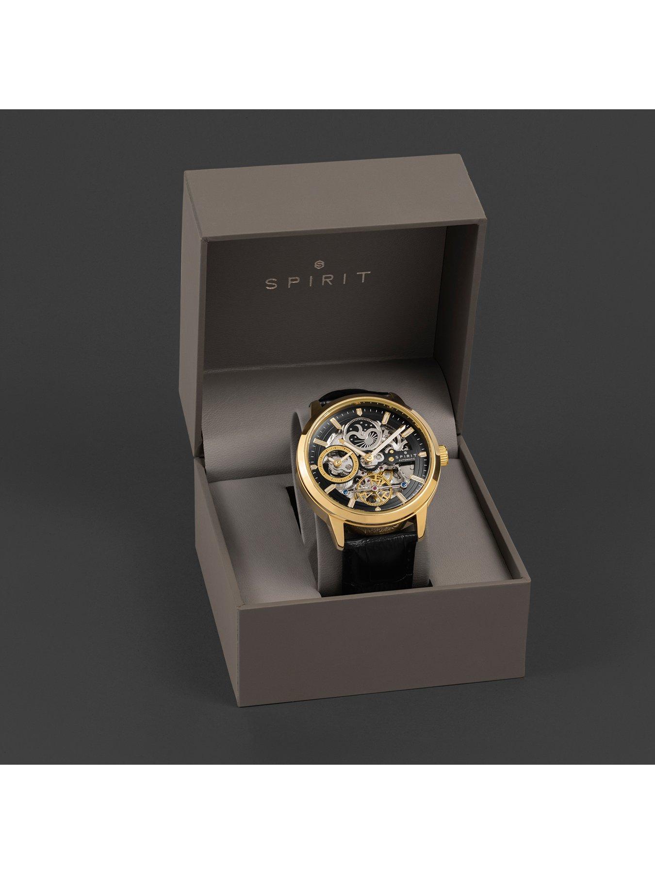 Image 5 of 7 of Spirit Gents Gold plated Sun Moon Automatic Black Leather Strap Watch
