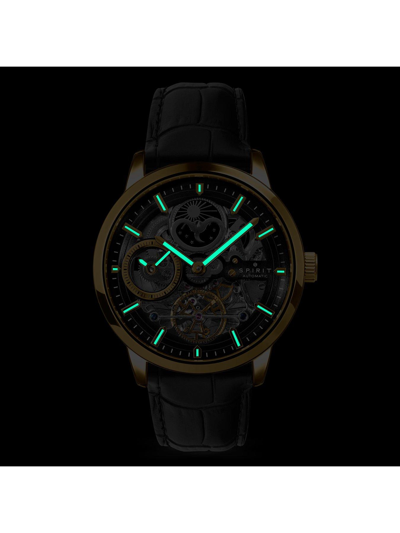 Image 6 of 7 of Spirit Gents Gold plated Sun Moon Automatic Black Leather Strap Watch