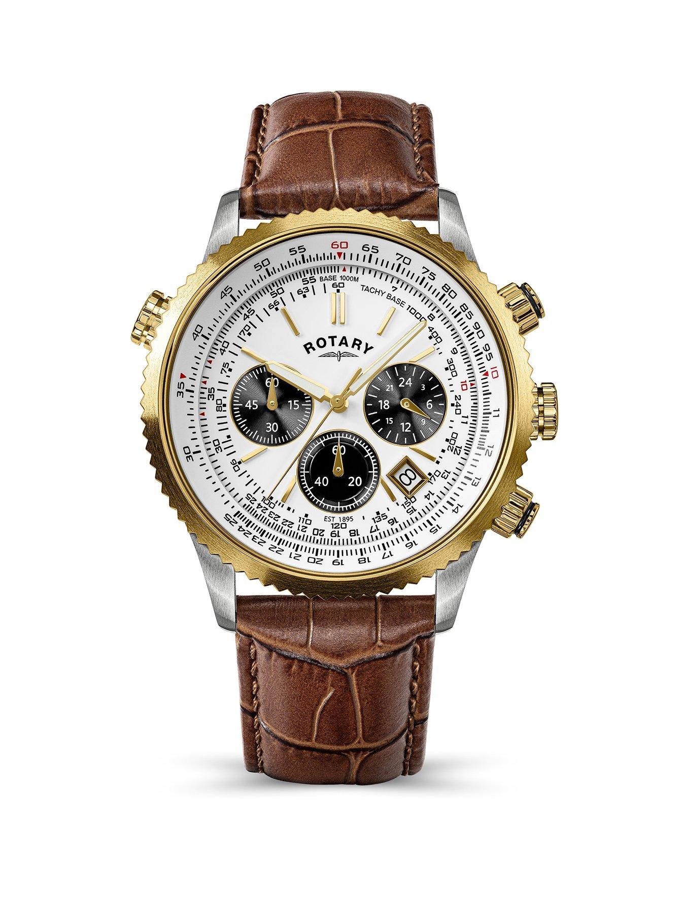 Rotary Rotary Men's Pilot Chronograph White Dial Gold Plated Stainless Steel Brown Leather Strap Watch