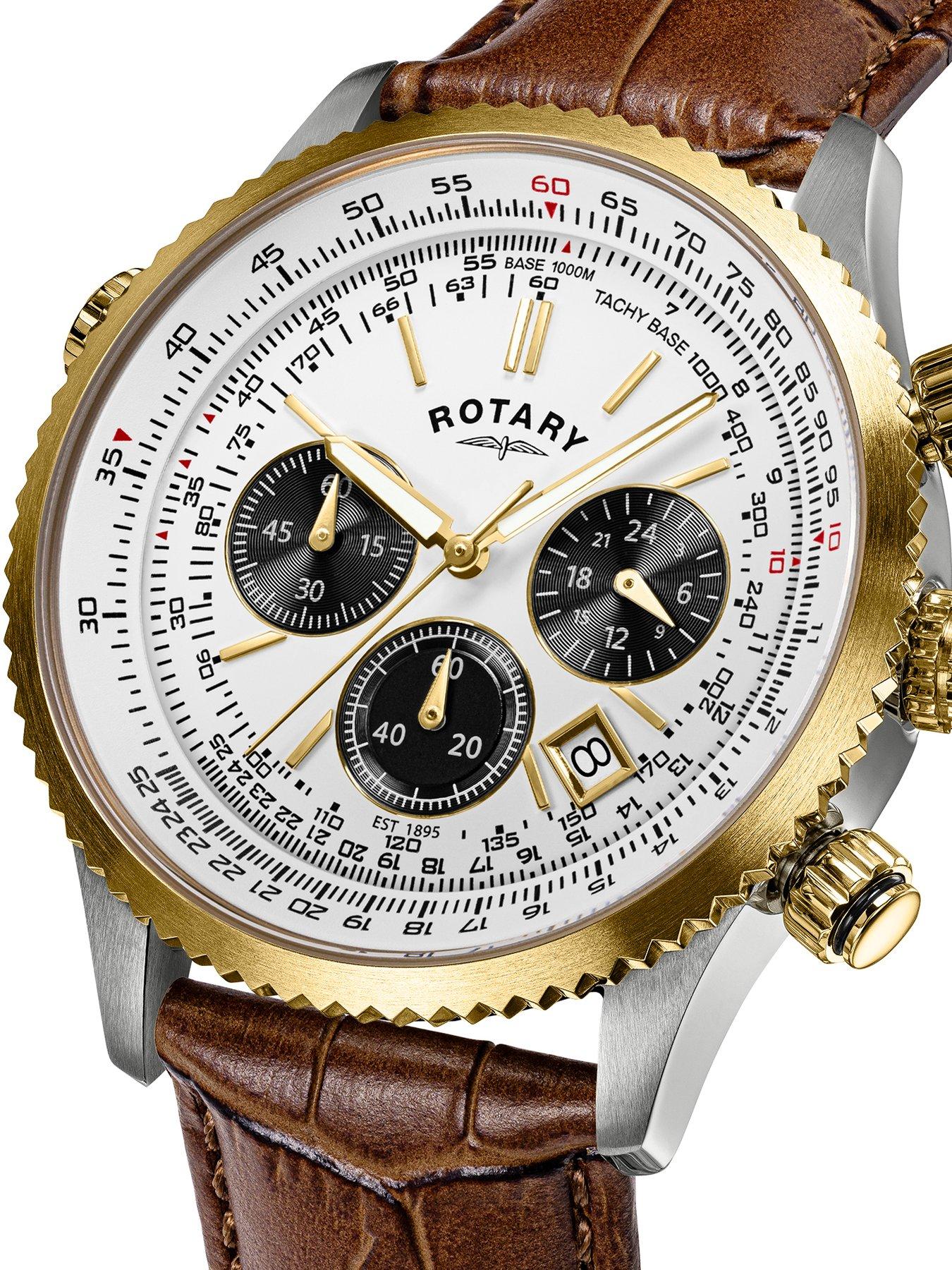 Image 2 of 7 of Rotary Men's Pilot Chronograph White Dial Gold Plated Stainless Steel Brown Leather Strap Watch