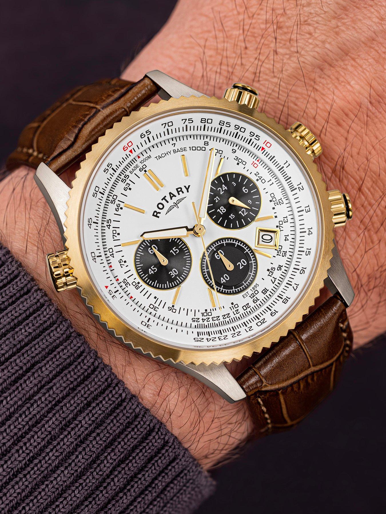 Image 3 of 7 of Rotary Men's Pilot Chronograph White Dial Gold Plated Stainless Steel Brown Leather Strap Watch