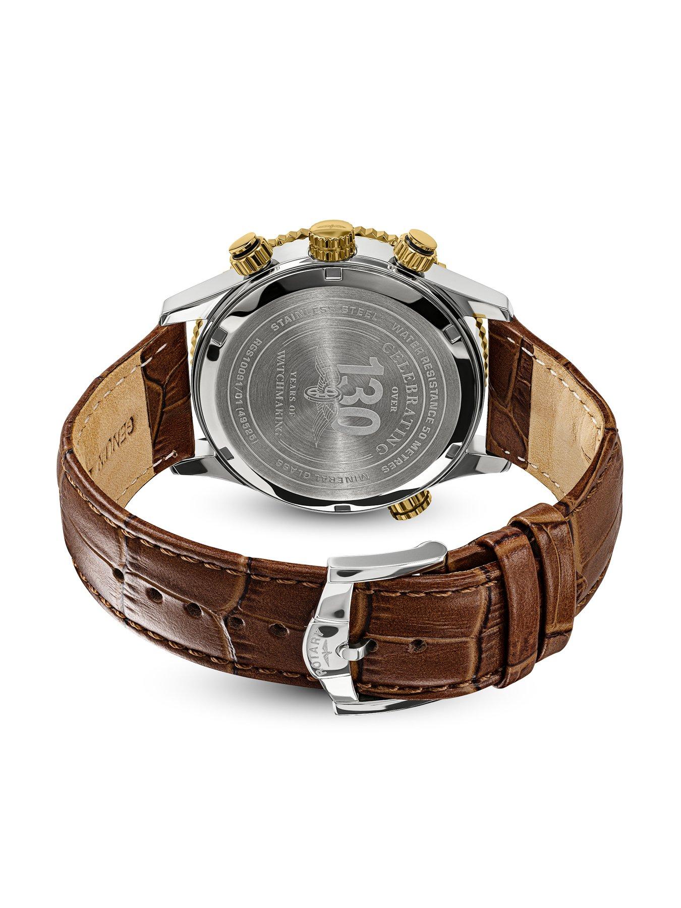 Image 4 of 7 of Rotary Men's Pilot Chronograph White Dial Gold Plated Stainless Steel Brown Leather Strap Watch