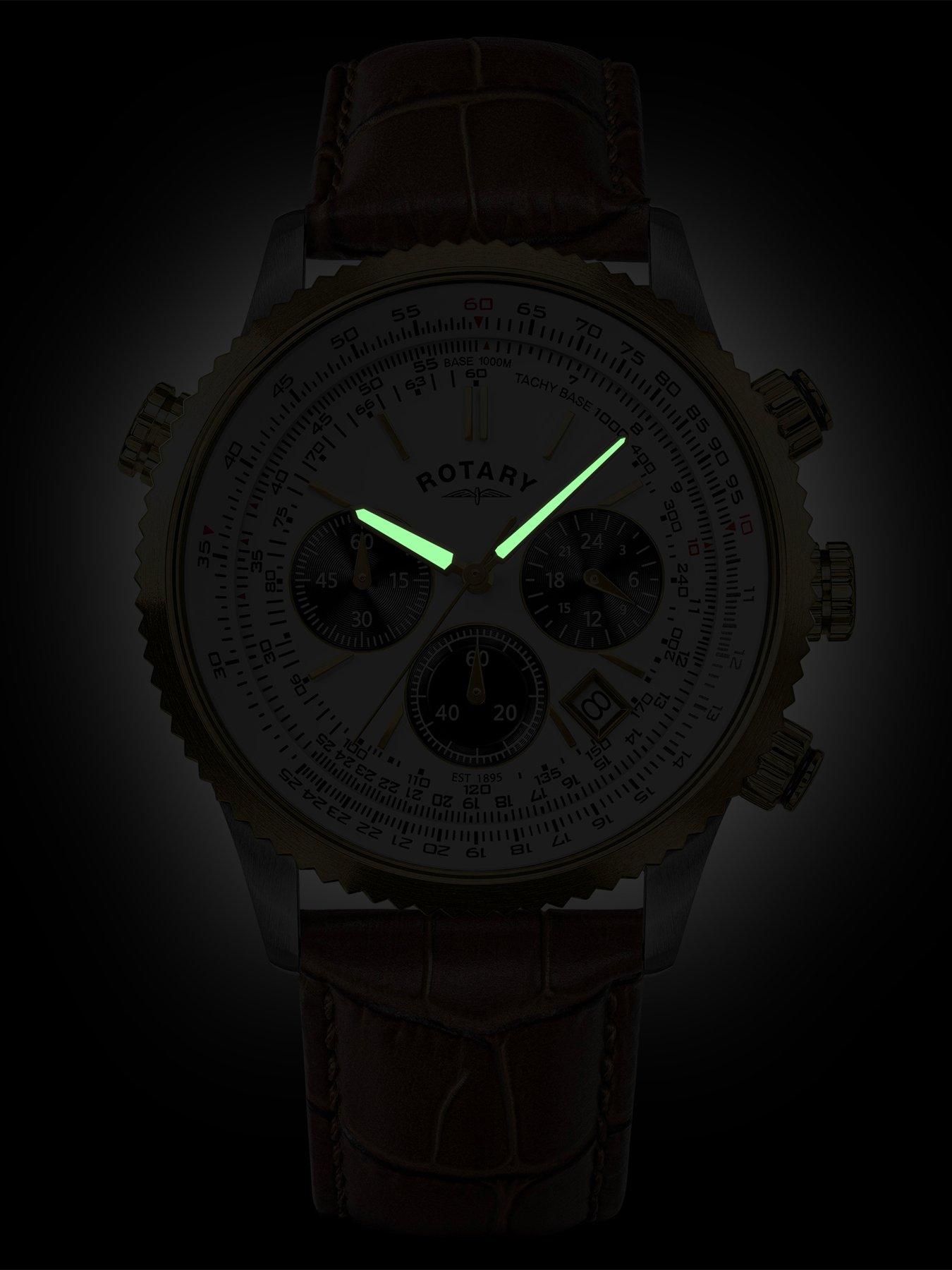 Image 5 of 7 of Rotary Men's Pilot Chronograph White Dial Gold Plated Stainless Steel Brown Leather Strap Watch