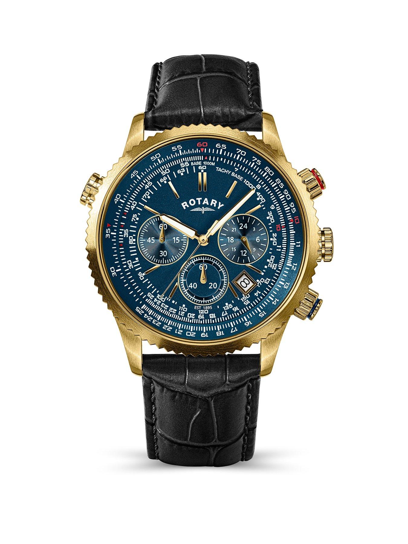 Rotary Rotary Men's Pilot Chronograph Blue Dial Gold Plated Stainless Steel Black Leather Strap Watch