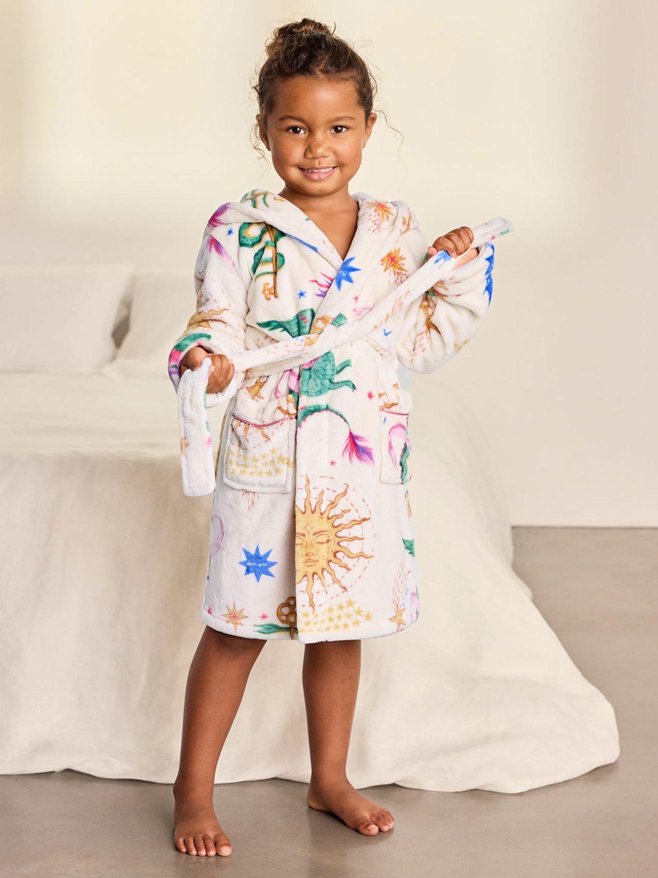 Image 1 of 6 of CHELSEA PEERS Chelsea Peers Kids Fleece Mythical Dragon Print Hooded Dressing Gown - Off White