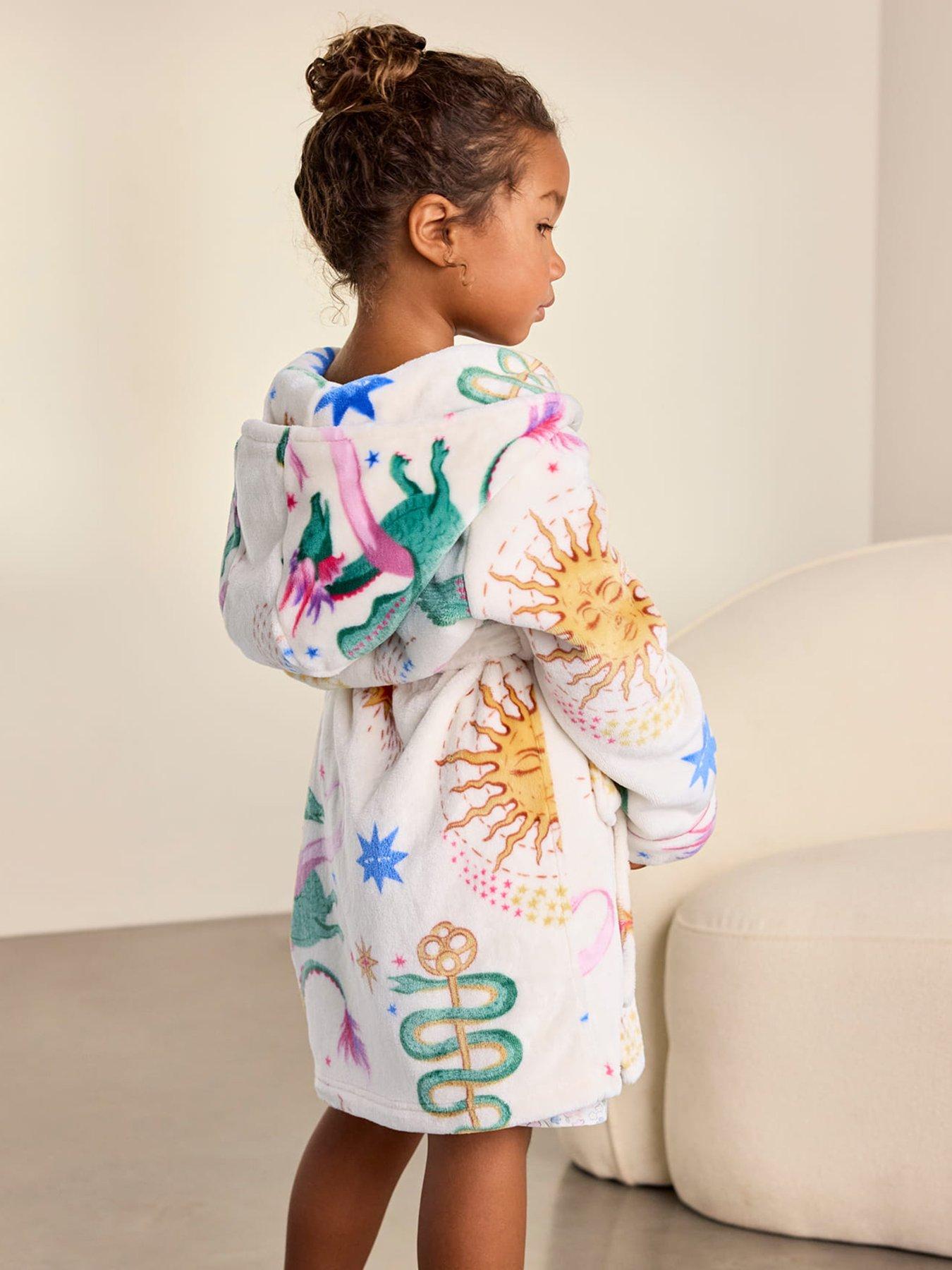 Image 2 of 6 of CHELSEA PEERS Chelsea Peers Kids Fleece Mythical Dragon Print Hooded Dressing Gown - Off White