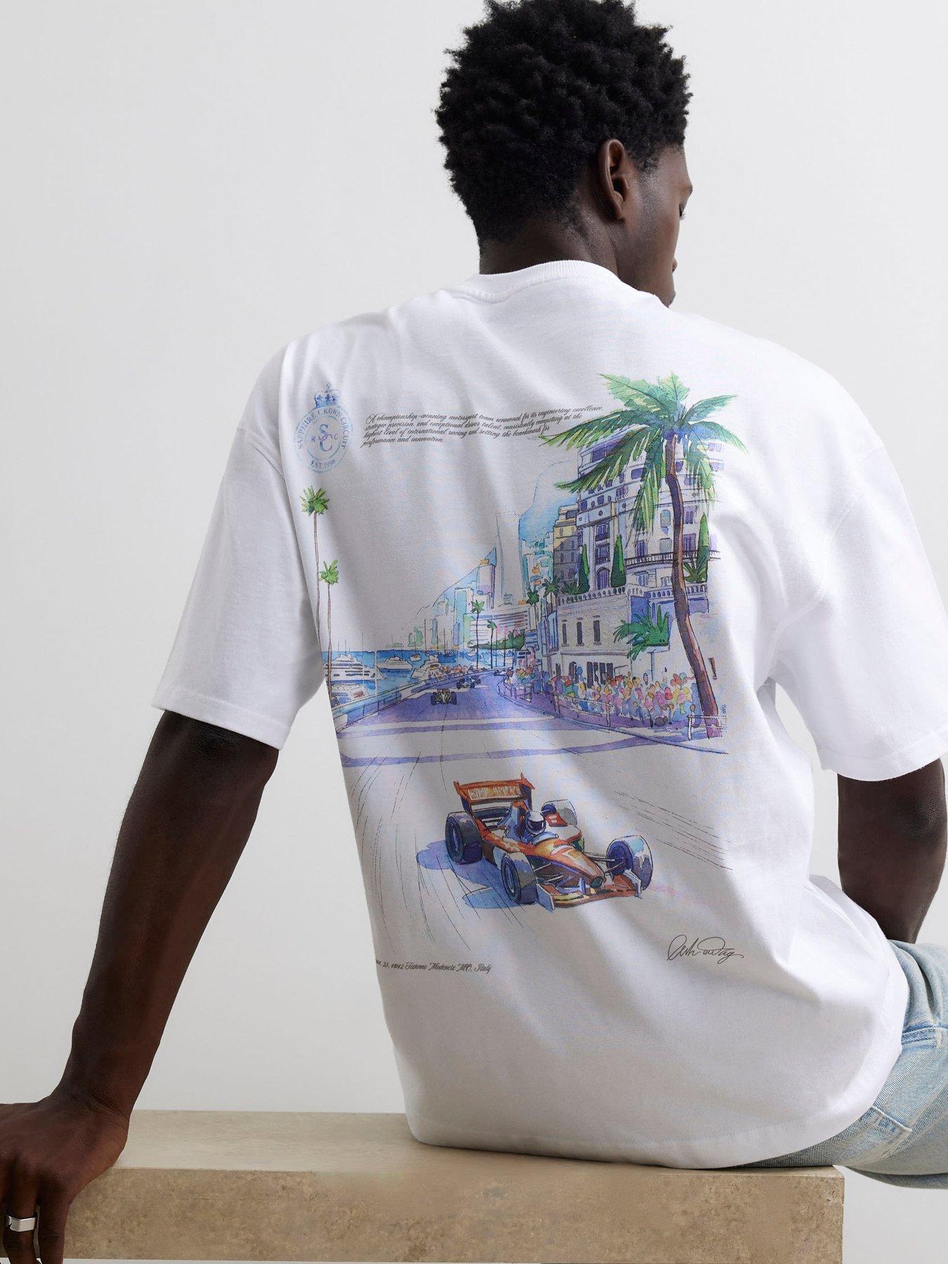 Image 1 of 4 of River Island Mens Oversized Fit Race Car Palm Tree T-Shirt - White