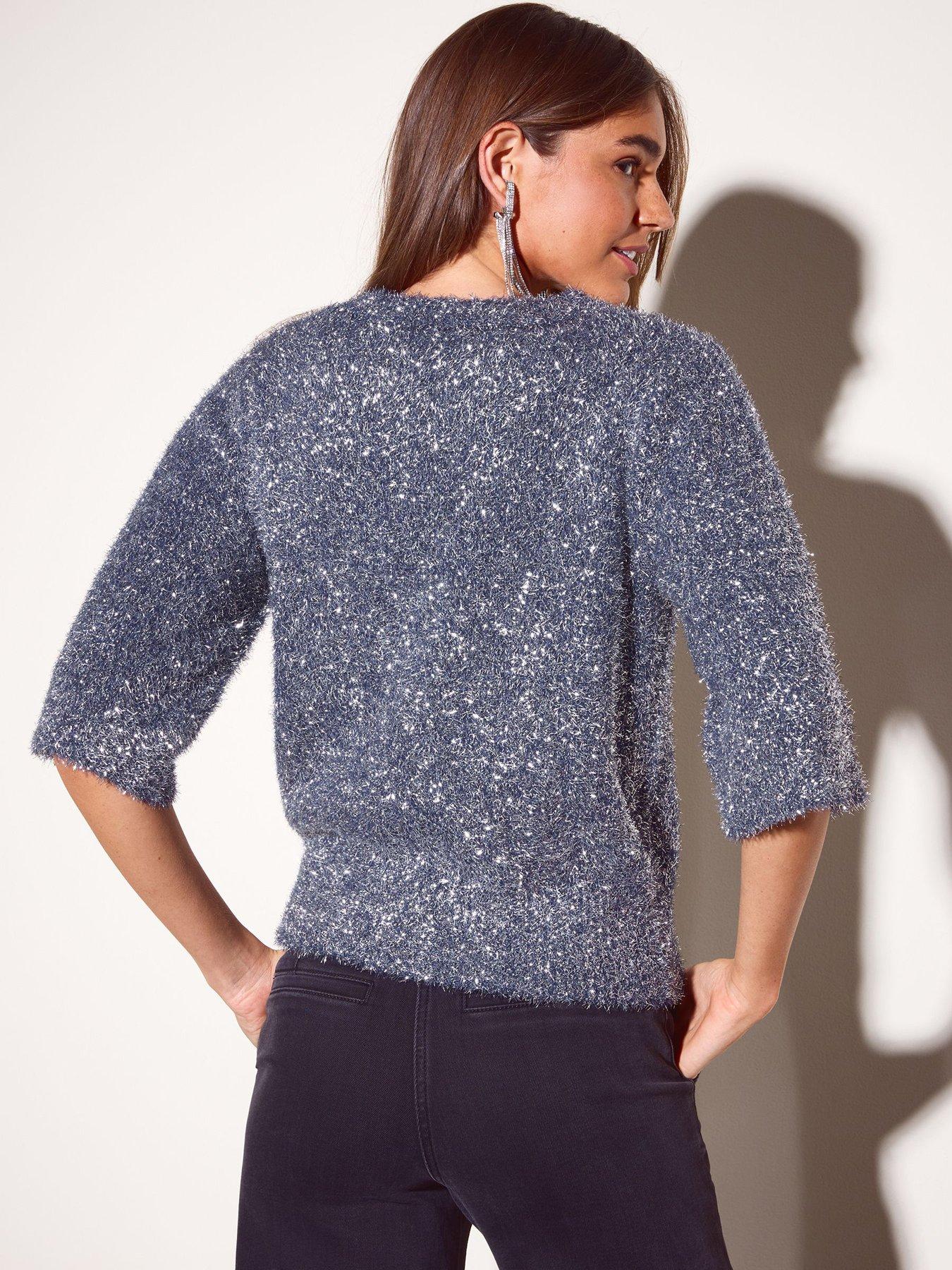 Image 2 of 6 of Friends Like These Womens Tinsel 3/4 Sleeve Sparkle T-Shirt - Blue
