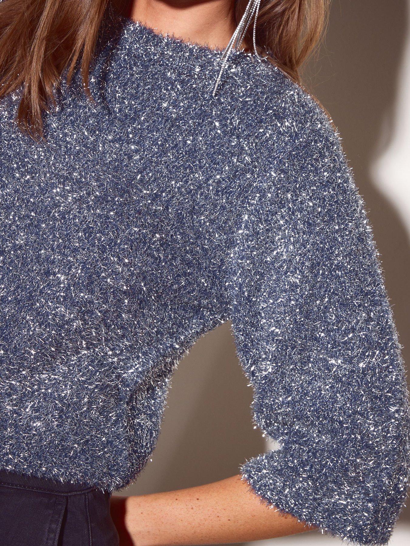 Image 5 of 6 of Friends Like These Womens Tinsel 3/4 Sleeve Sparkle T-Shirt - Blue